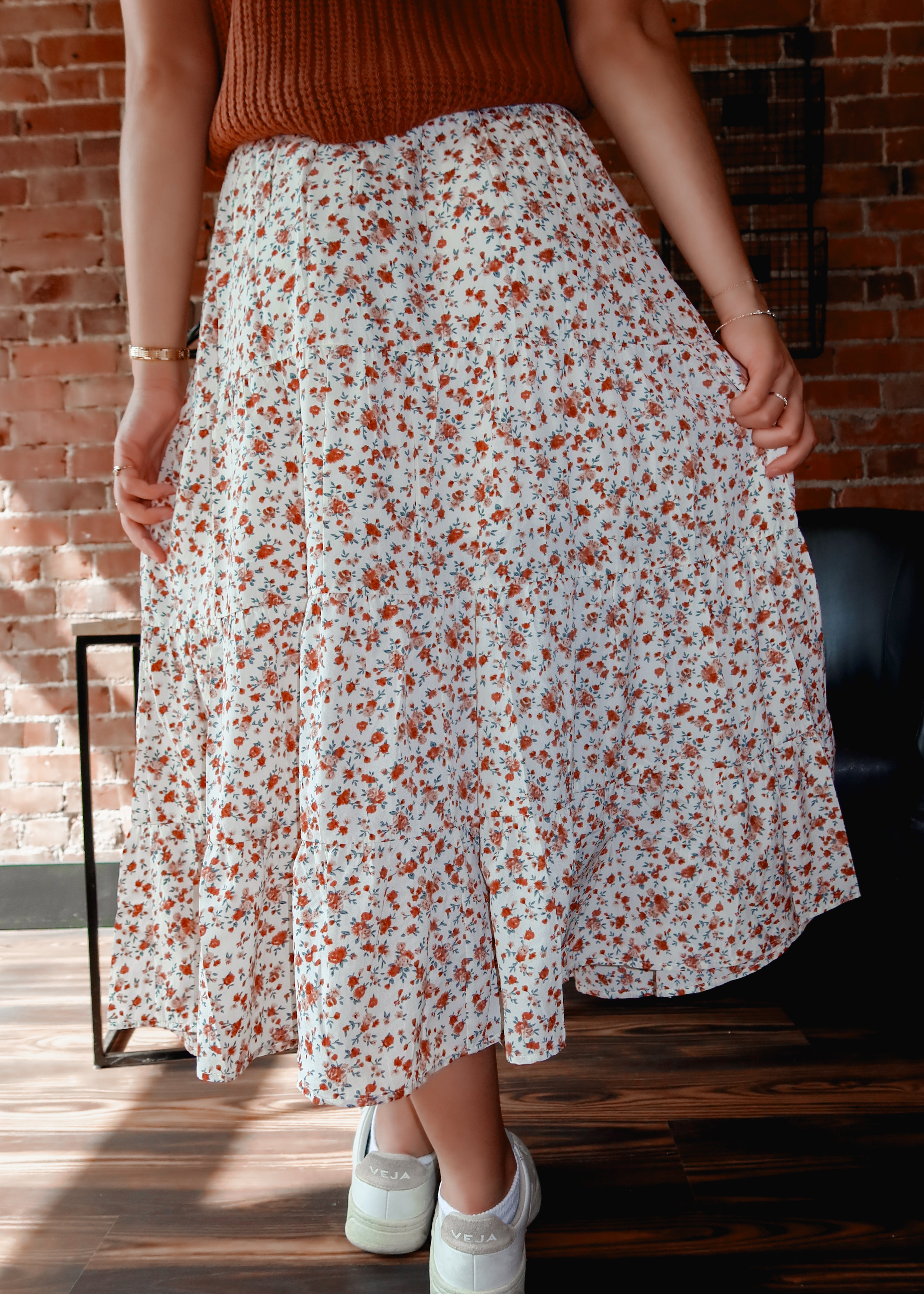 Happiness Trails Boutique - Cream midi skirt with brick floral design