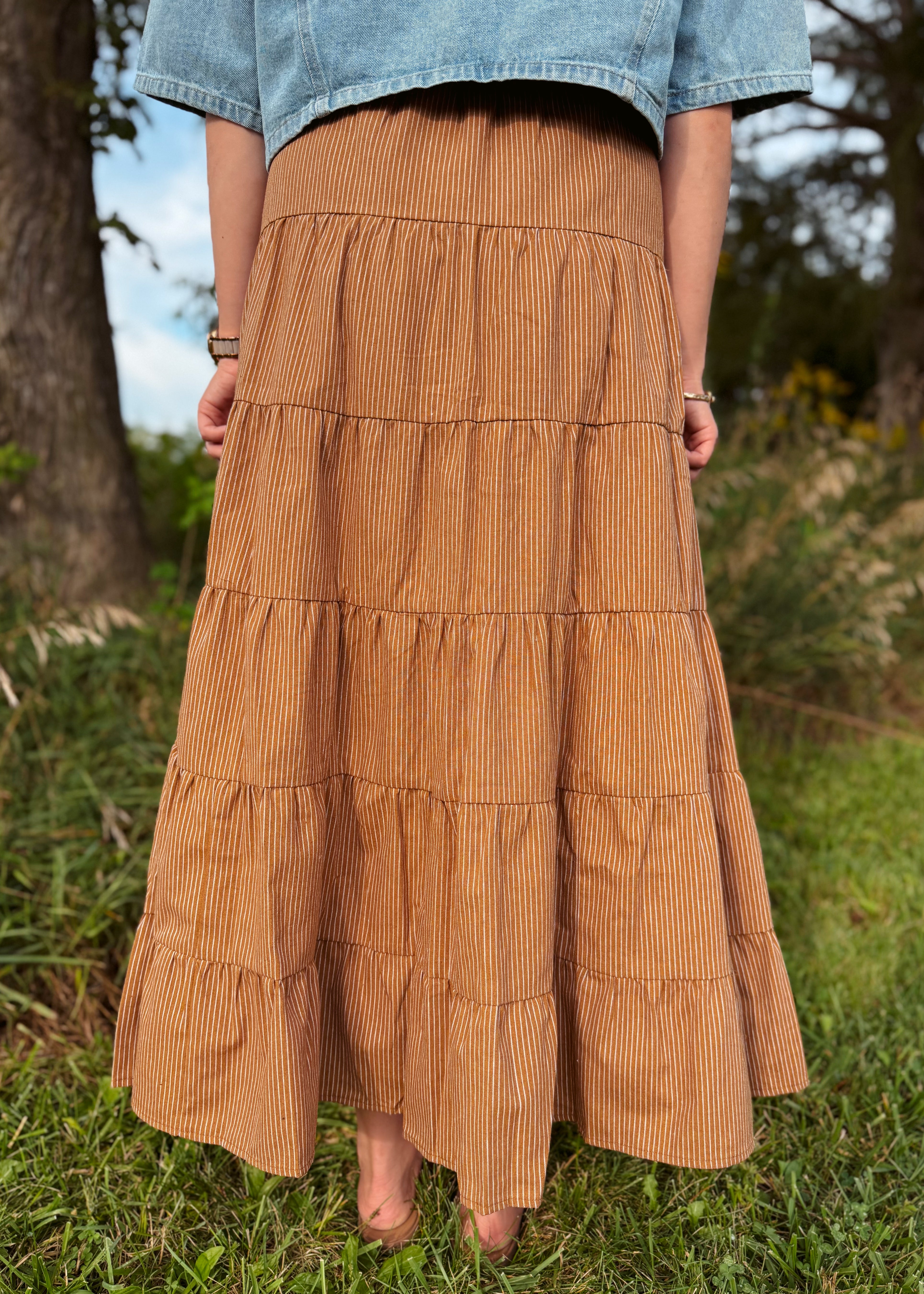 Happiness Trails Boutique - Camel striped maxi skirt