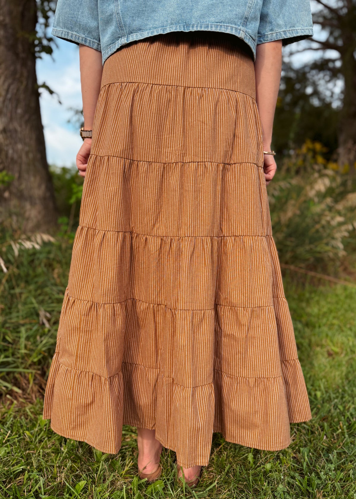 Happiness Trails Boutique - Camel striped maxi skirt