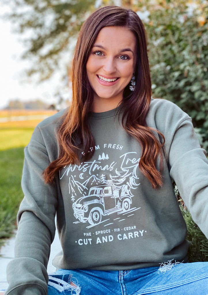 Farm Fresh Christmas Trees with Vintage Truck Graphic Sweatshirt