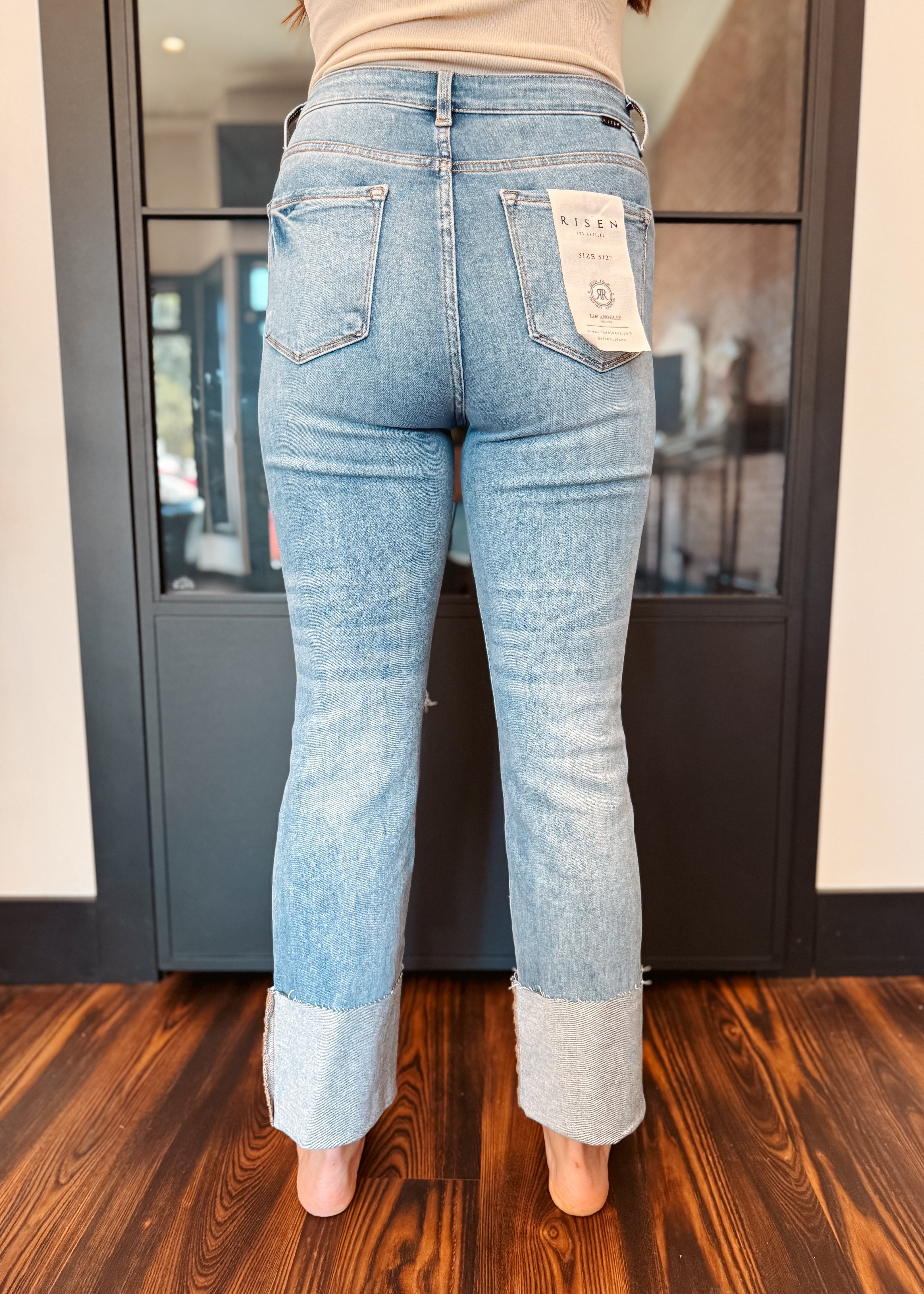 Happiness Trails Boutique - Risen high rise ankle straight wide cuffed jeans