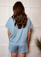 Happiness Trails Boutique - Denim blue/taupe striped knit top and short set