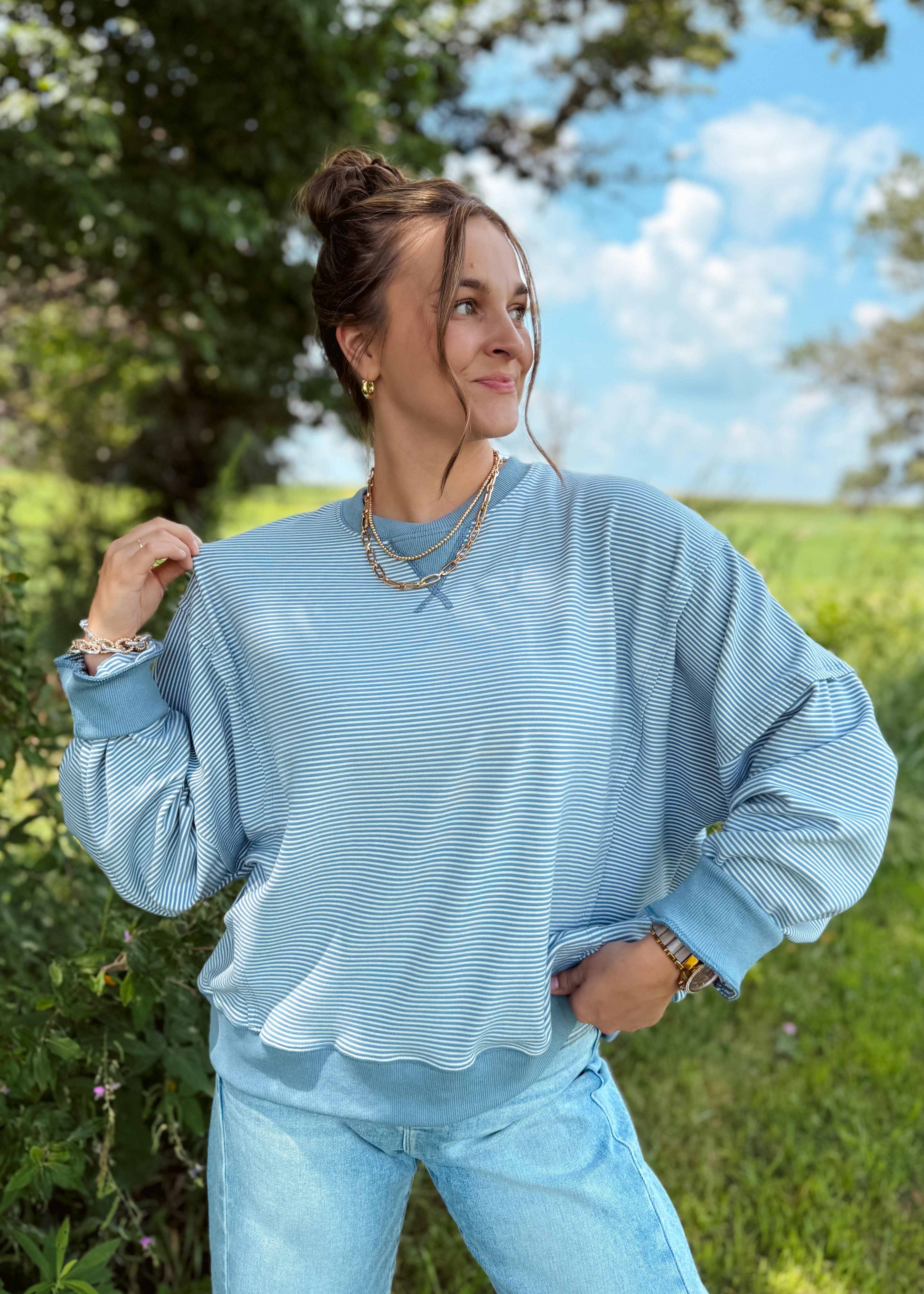 Happiness Trails Boutique - Ivory/blue striped sweatshirt