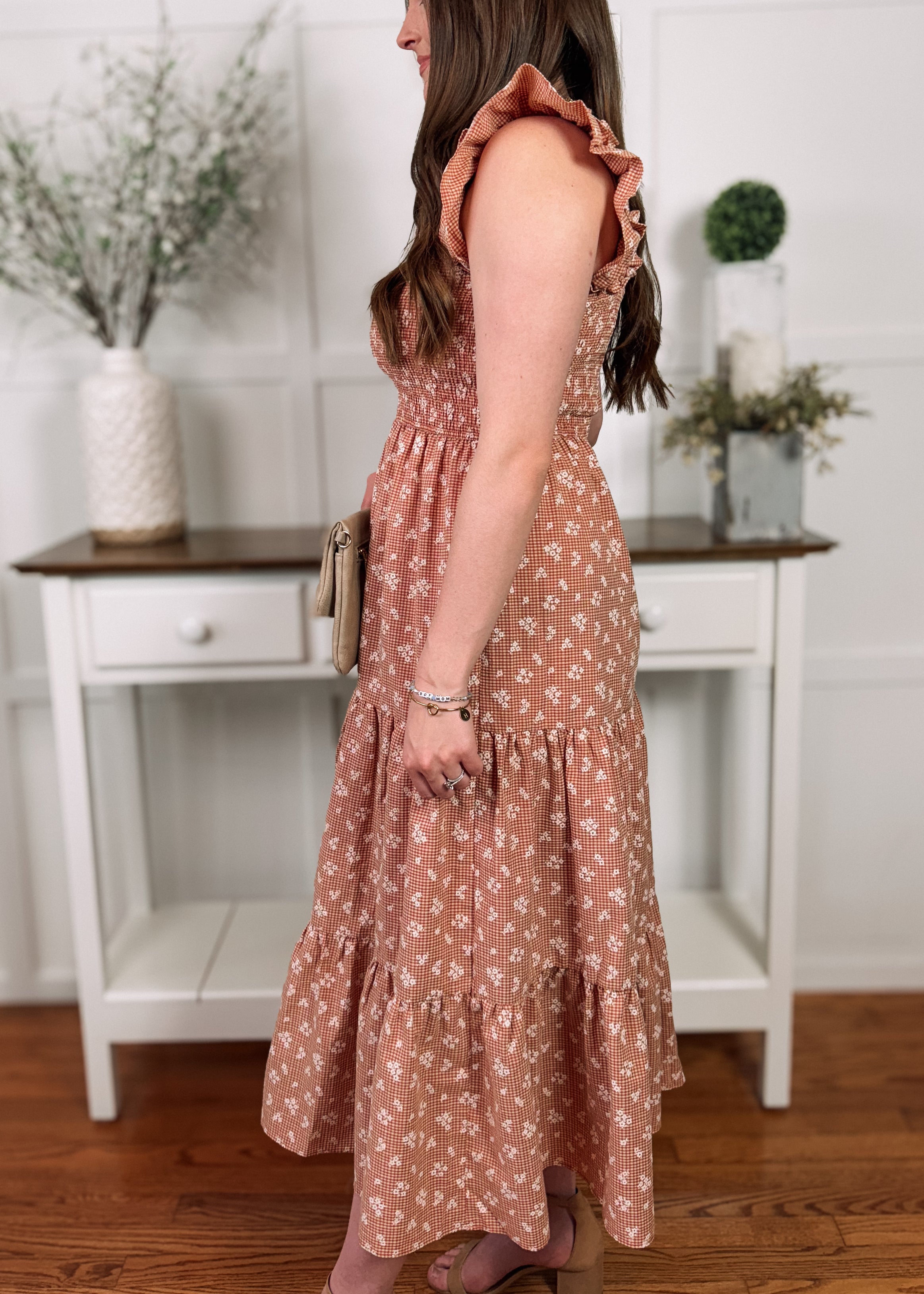 Happiness Trails Boutique - Rust/Natural floral midi dress