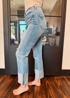 Happiness Trails Boutique - Risen high rise ankle straight wide cuffed jeans