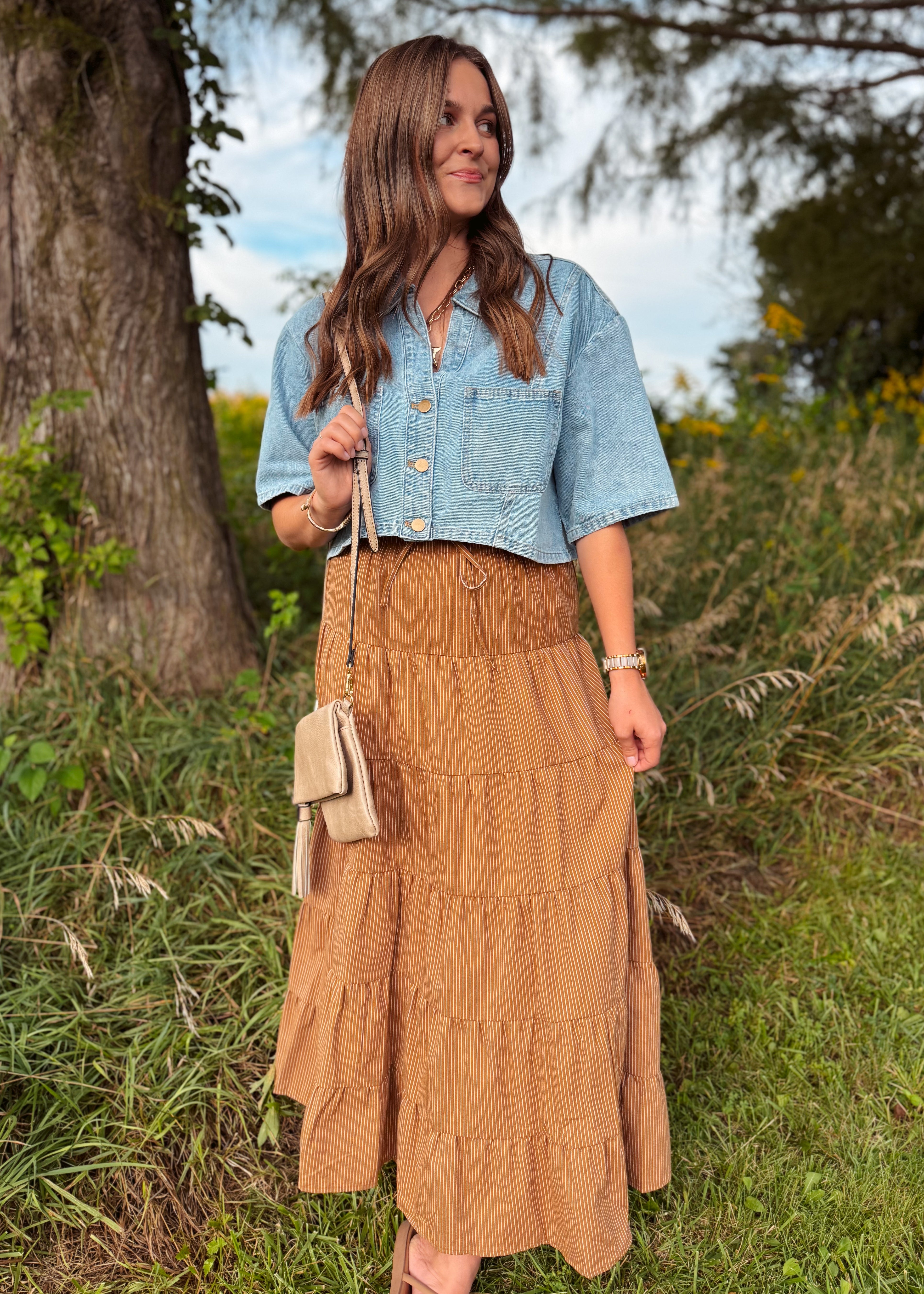 Happiness Trails Boutique - Camel striped maxi skirt