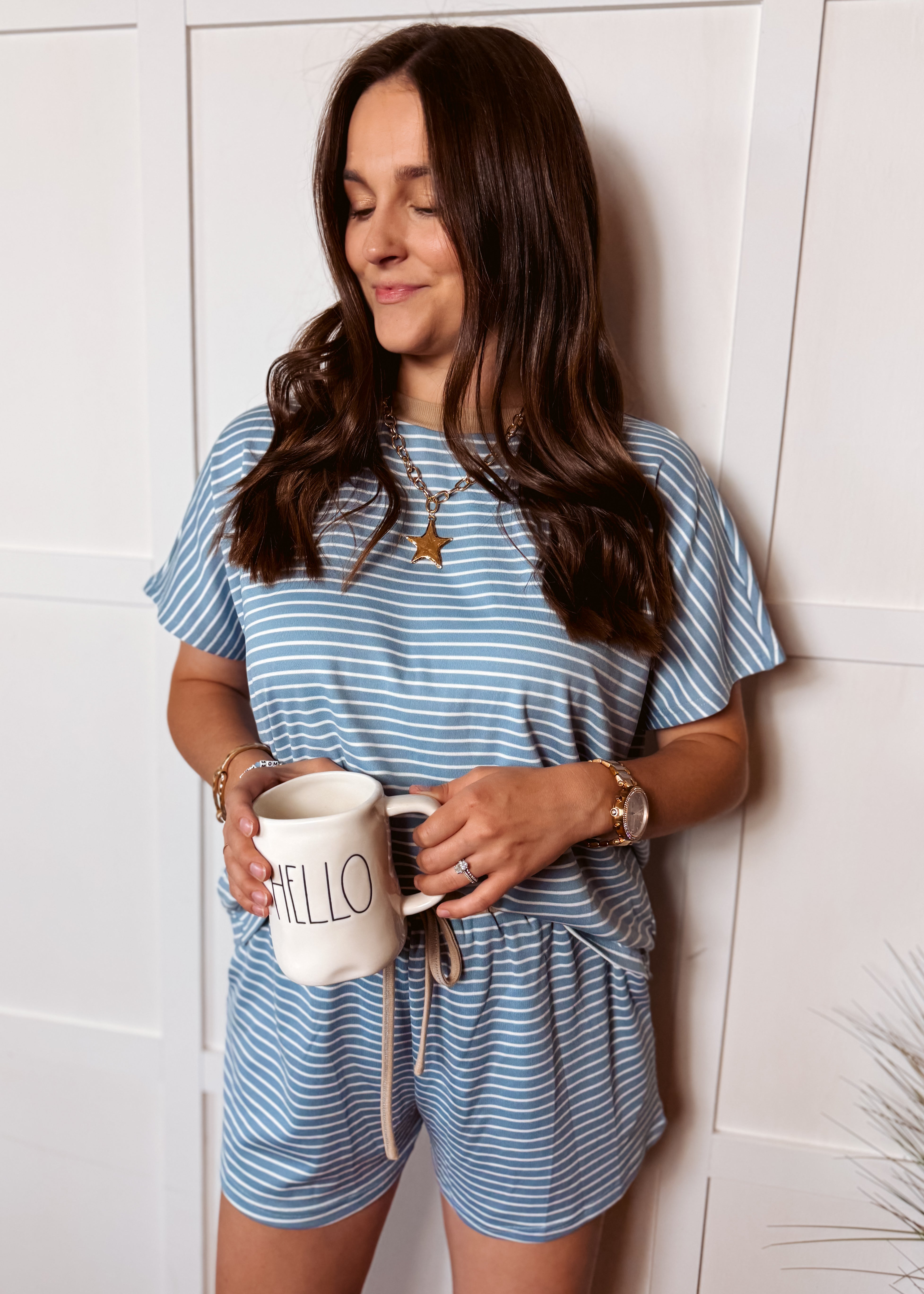 Happiness Trails Boutique - Denim blue/taupe striped knit top and short set