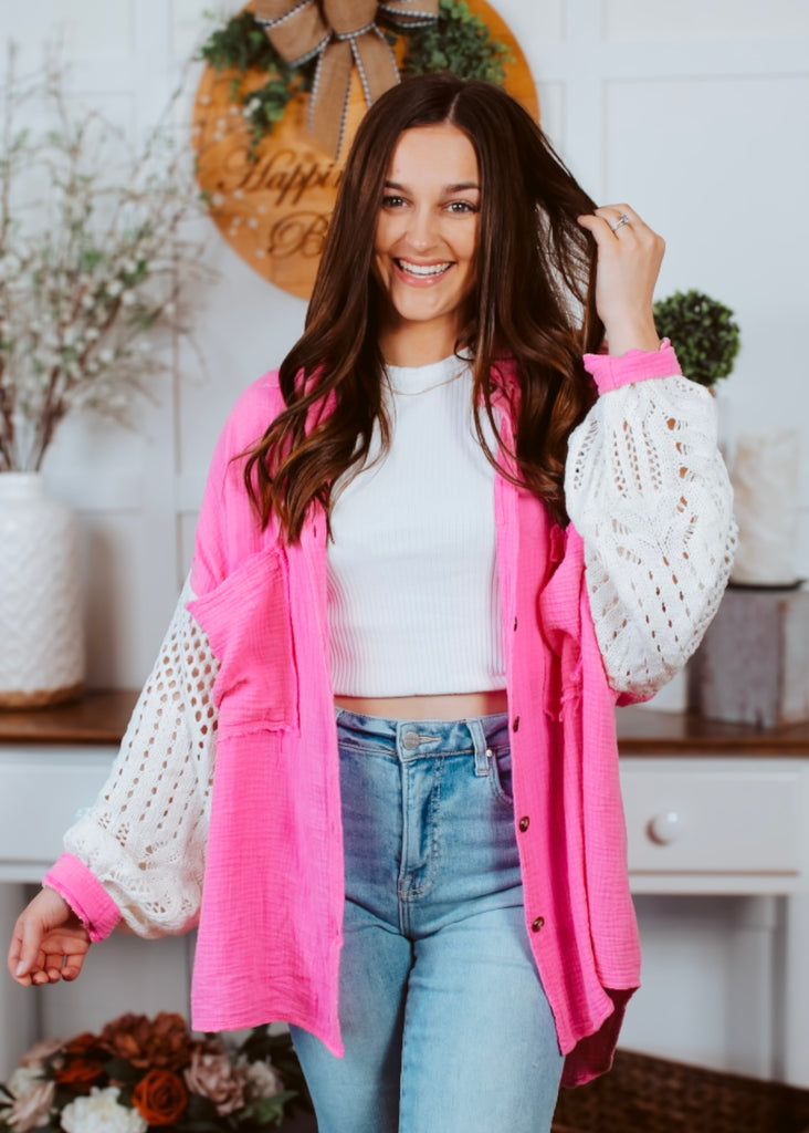 Pink Shacket with white crochet sleeves
