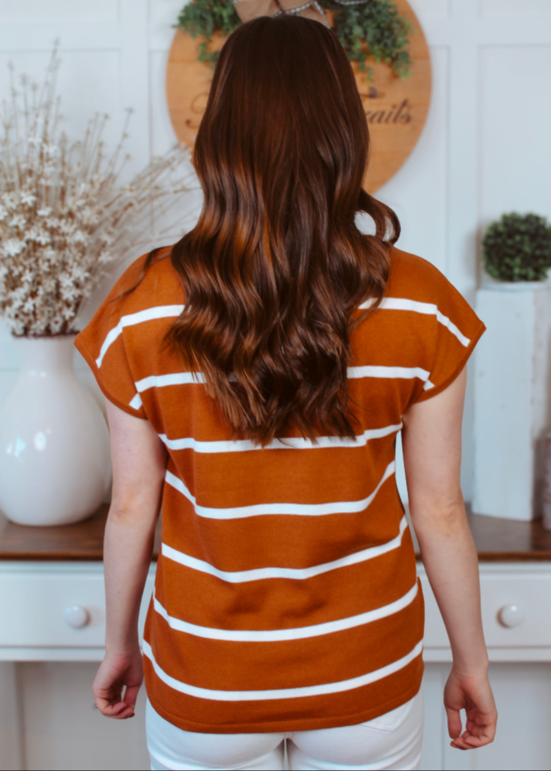 Rust short sleeve top with white stripes