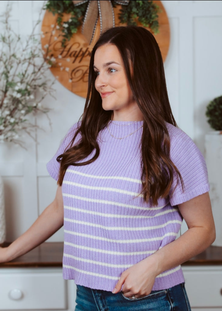 Lavender knit short sleeve top with white stripes
