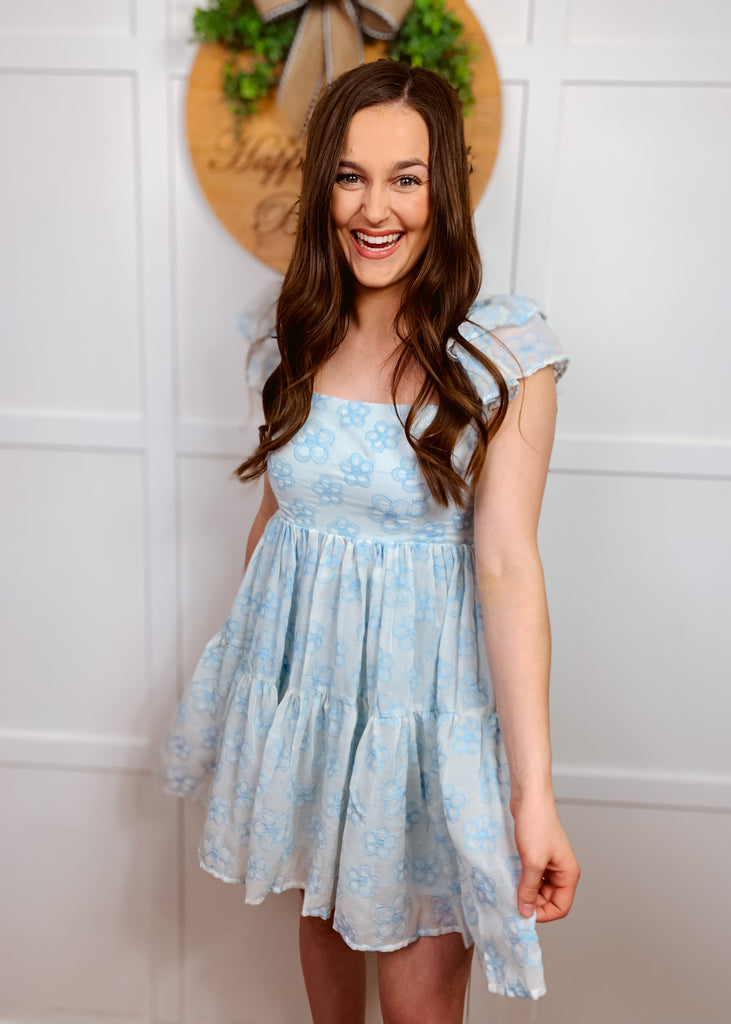 Light blue mini dress with floral embroidered detail