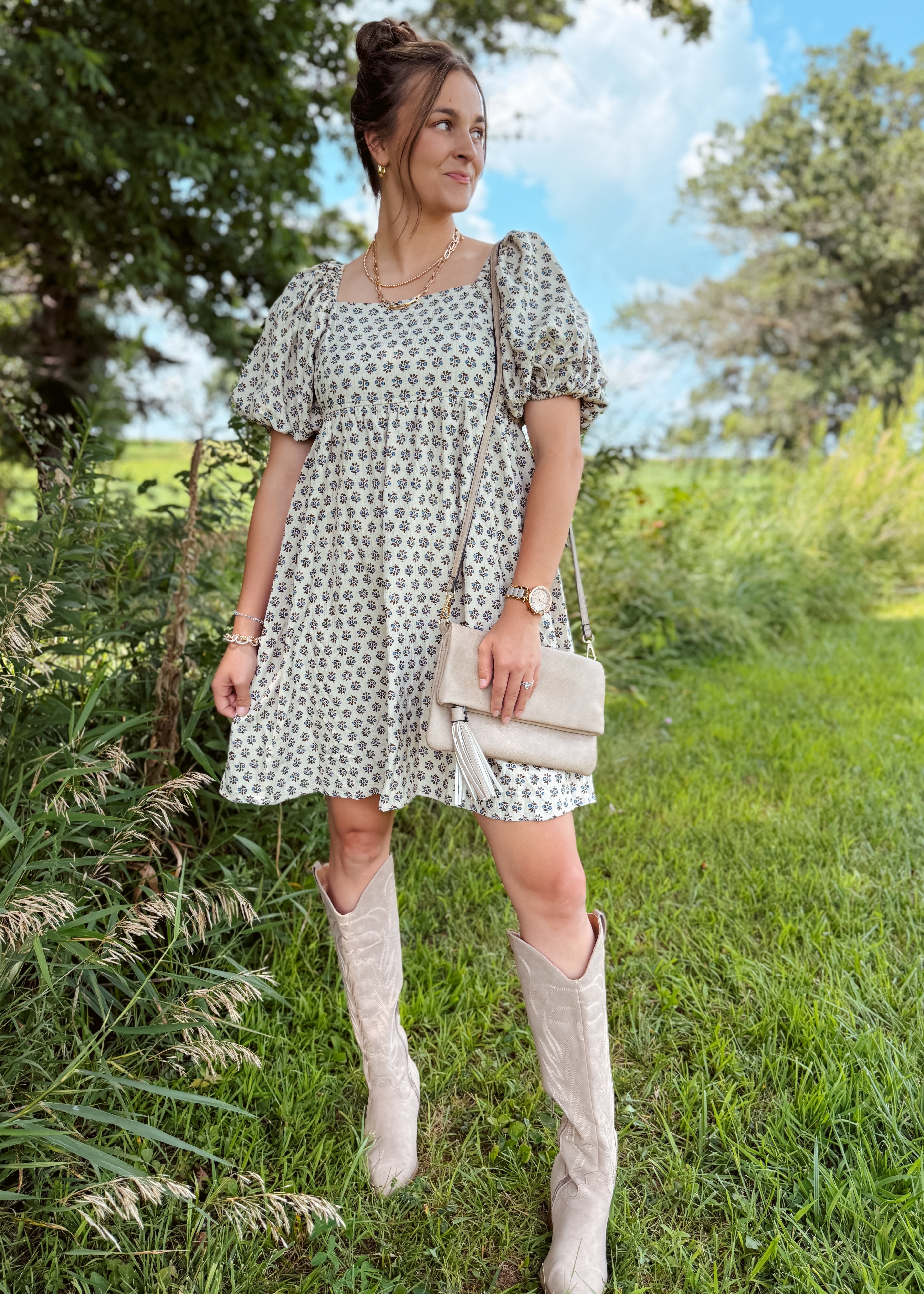 Happiness Trails Boutique - A soft neutral oatmeal tone beautifully complemented by blue floral accents dress