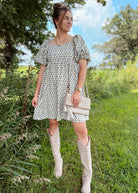 Happiness Trails Boutique - A soft neutral oatmeal tone beautifully complemented by blue floral accents dress