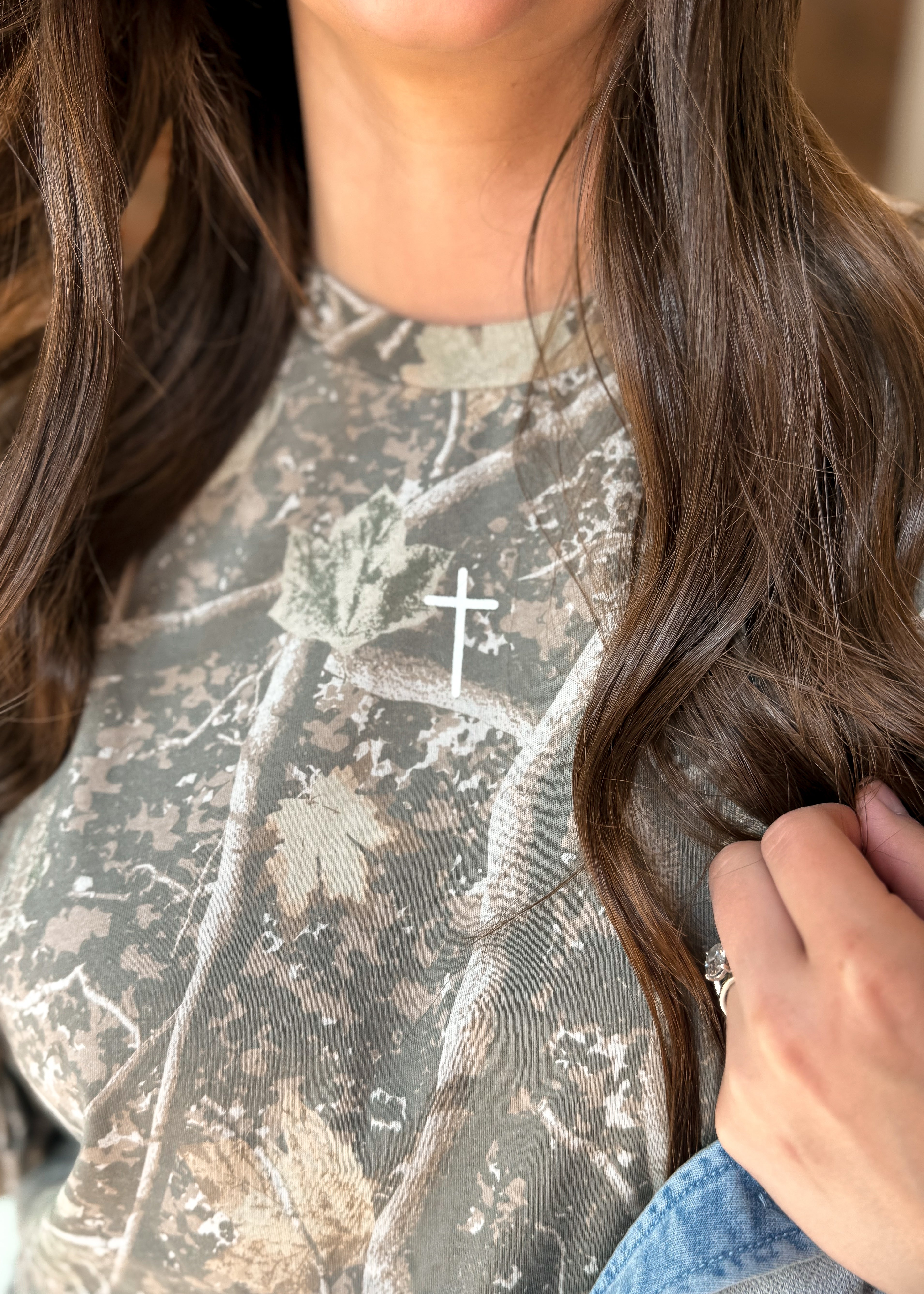 Deadwood Tree Camo Long Sleeve Graphic Tee with a screen printed Small Cross