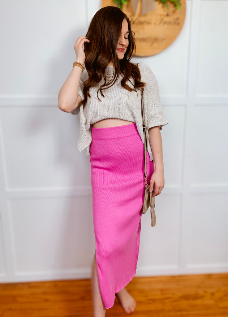 Pink ribbed maxi skirt