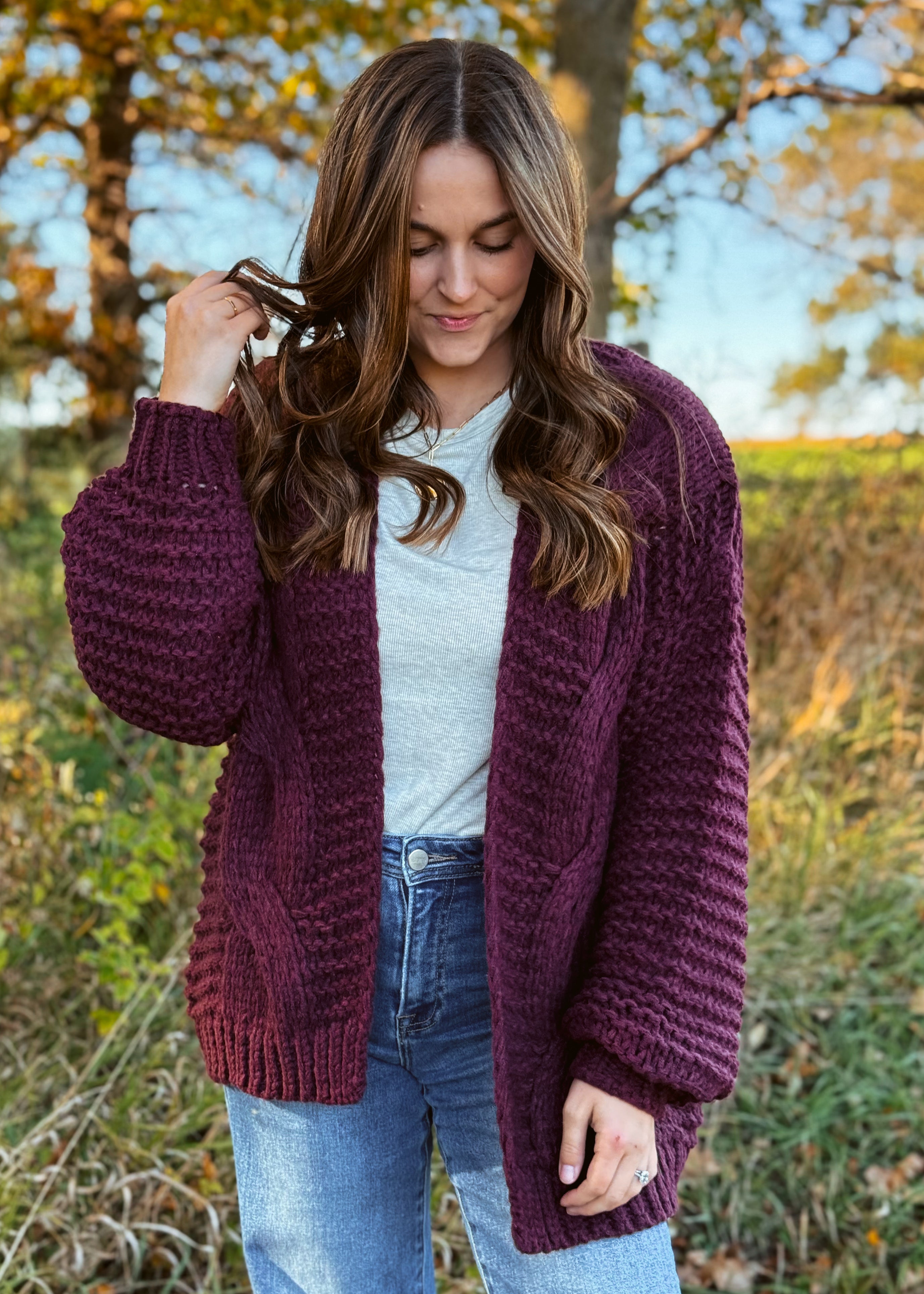 Happiness Trails Boutique - Maroon chunky cable knit cardigan