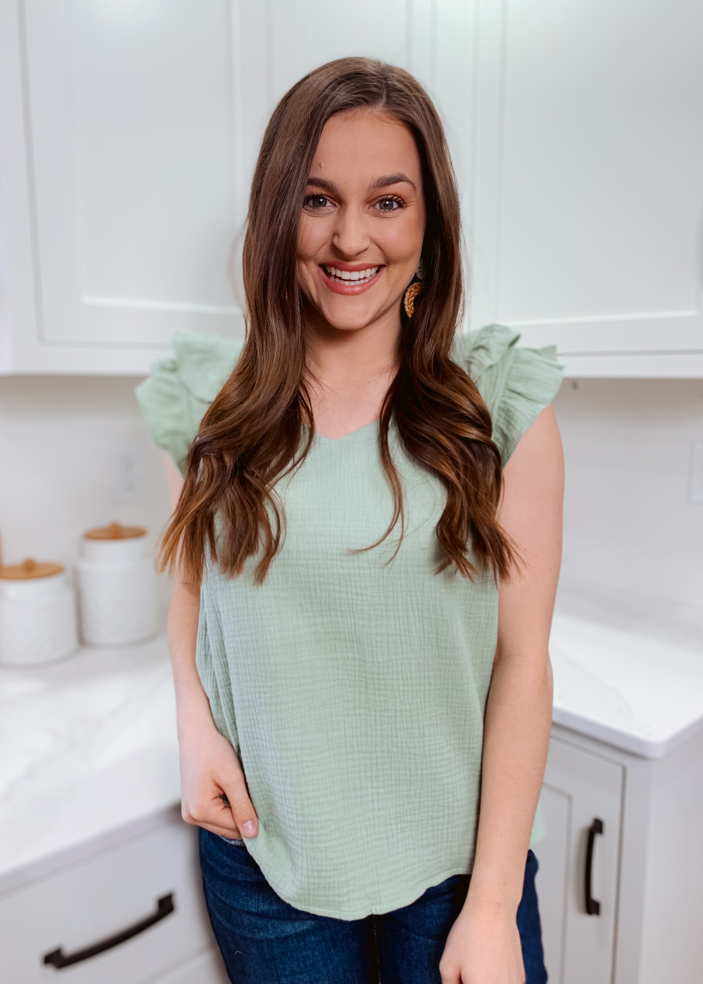 Sage gauze short sleeve top