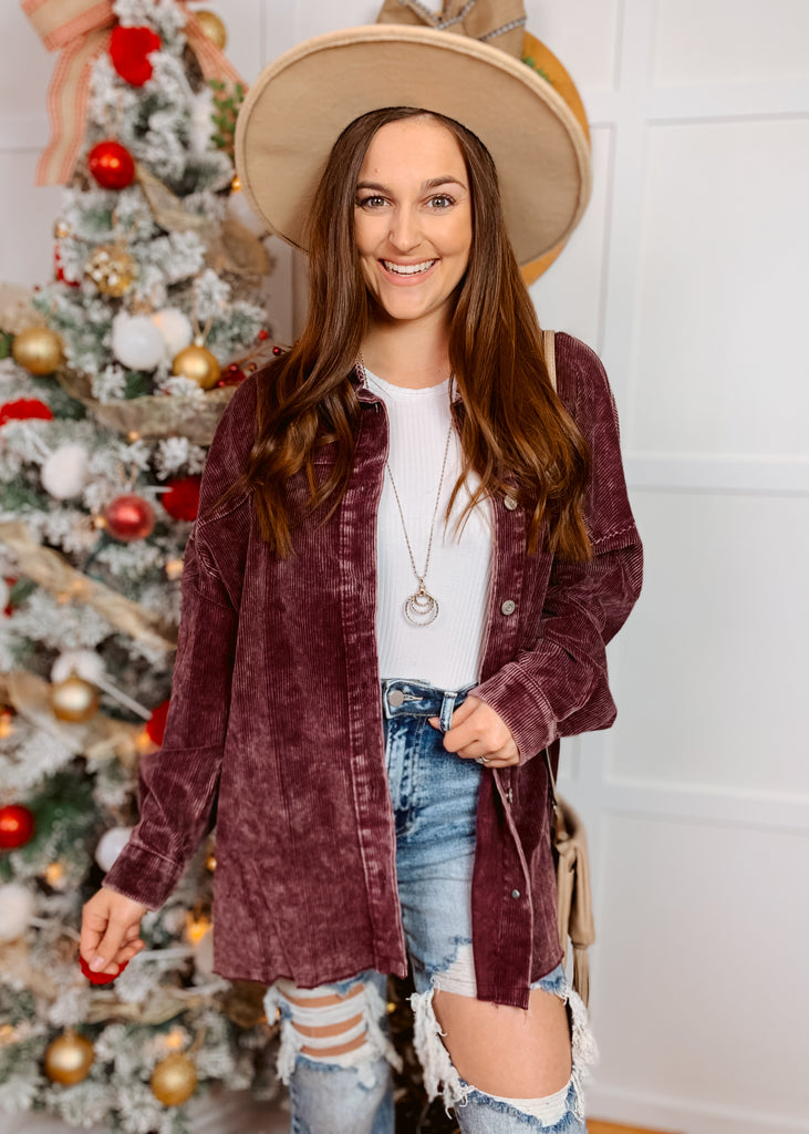 Burgundy vintage wash corduroy shacket in plus size