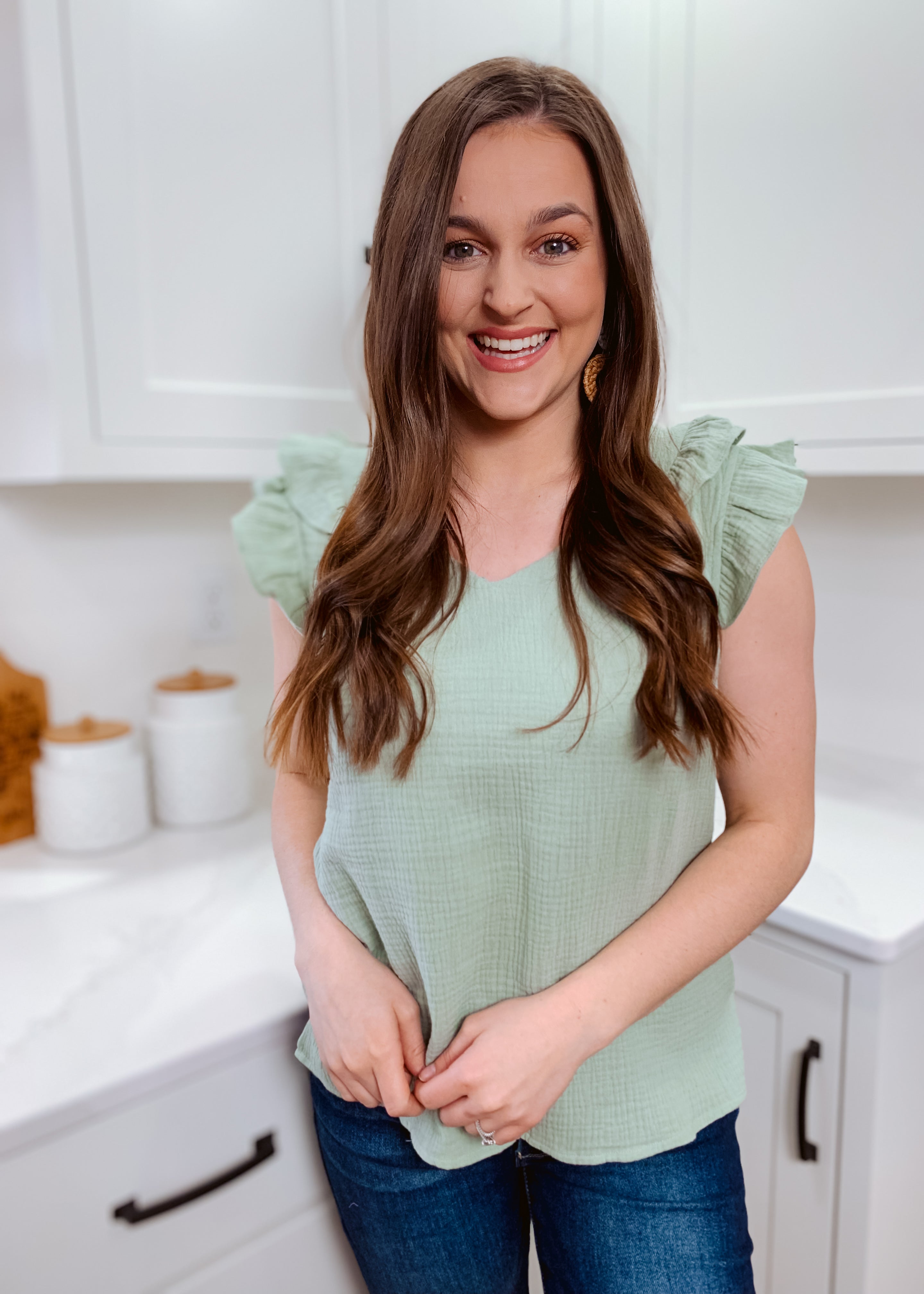 Sage gauze short sleeve top