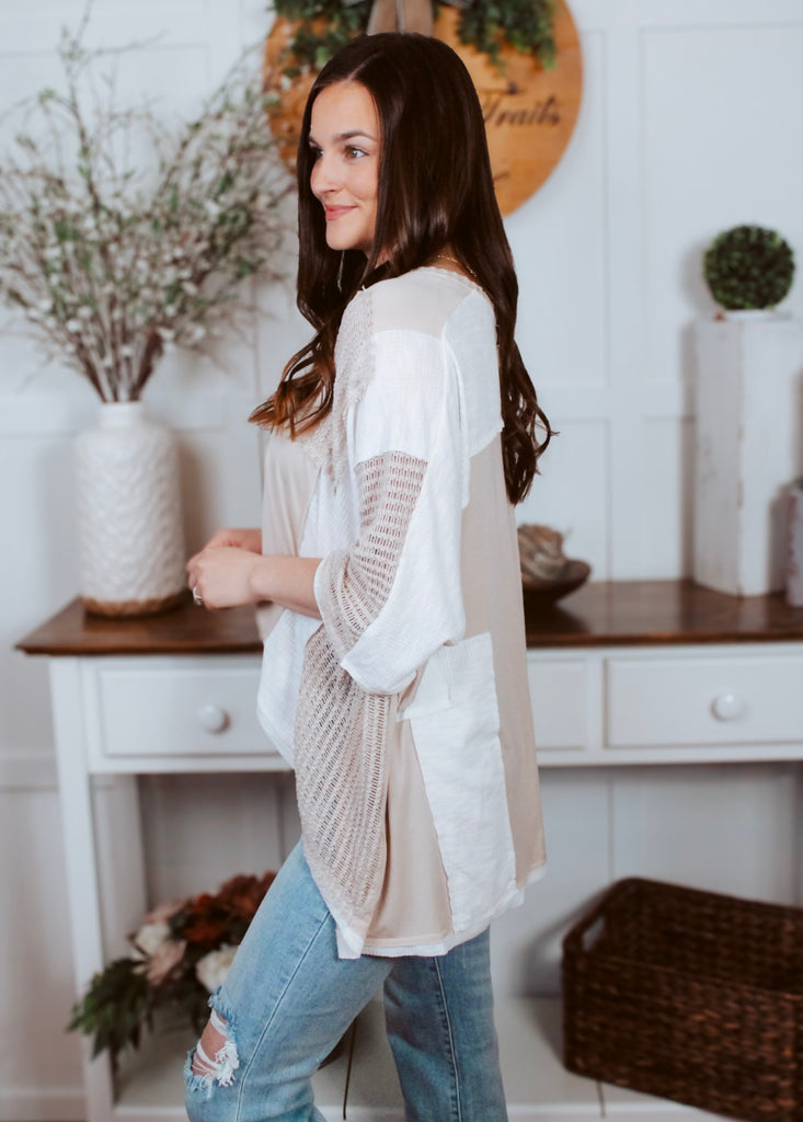 Oatmeal and white mixed fabric knit top