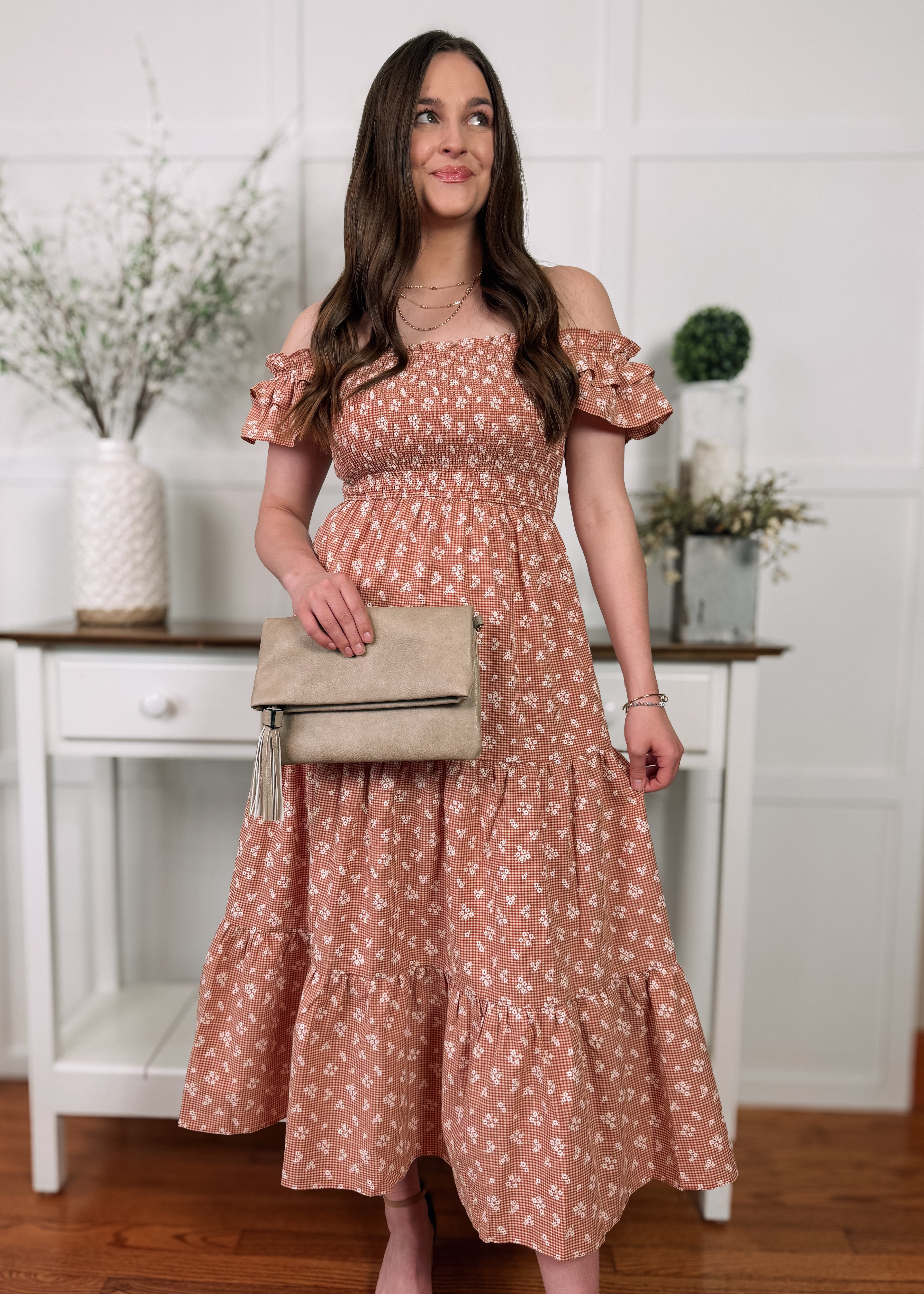 Happiness Trails Boutique - Rust/Natural floral midi dress