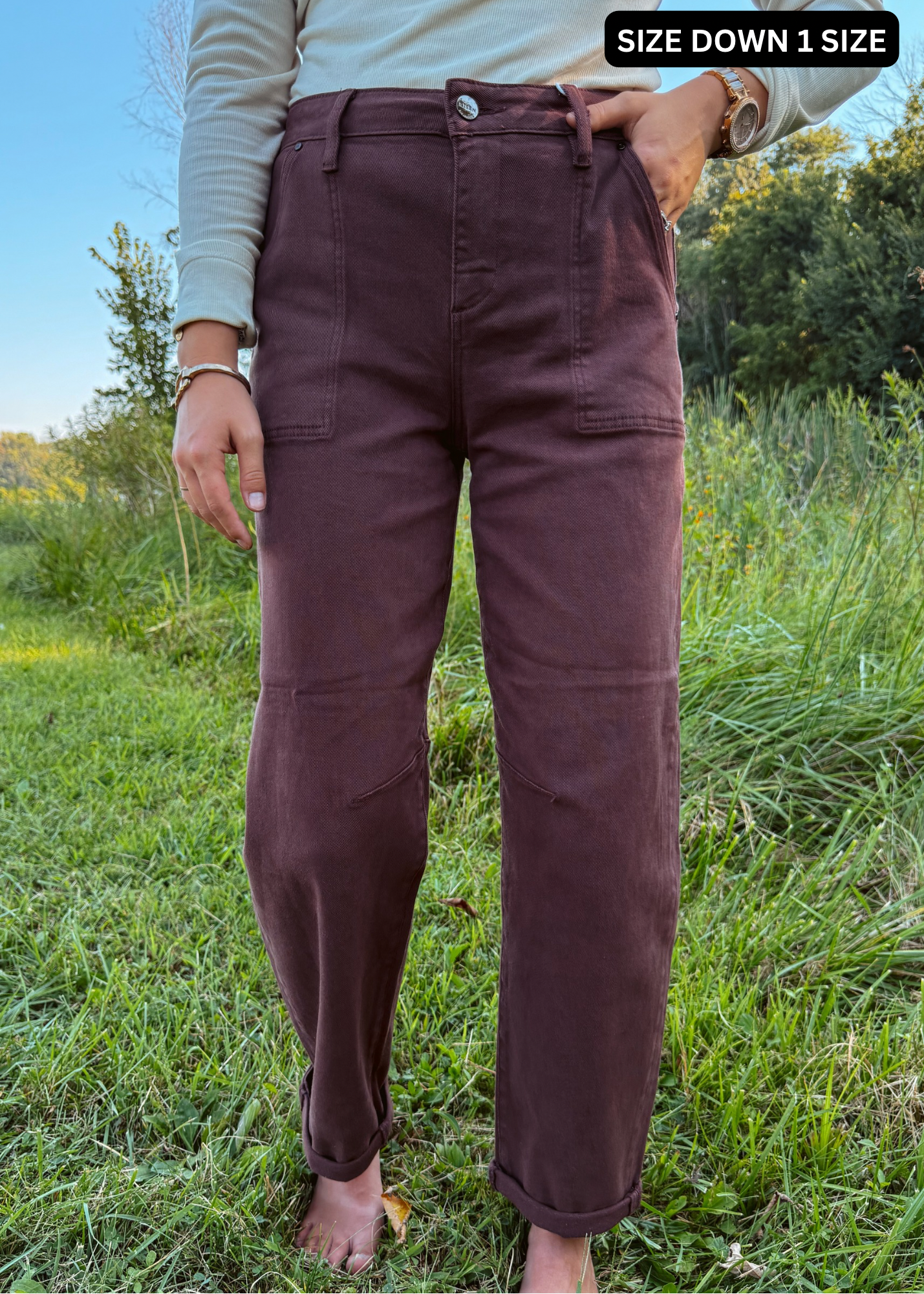 Happiness Trails Boutique - Risen Choco Brown Cuffed Barrel Jeans