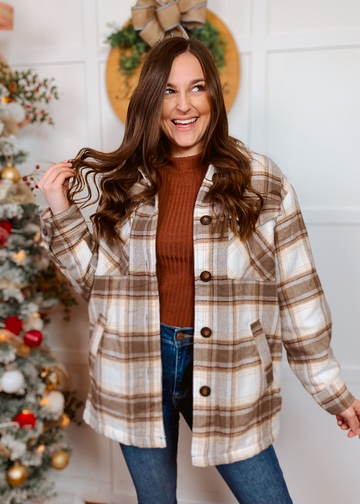 Cocoa plaid shacket with wool lining