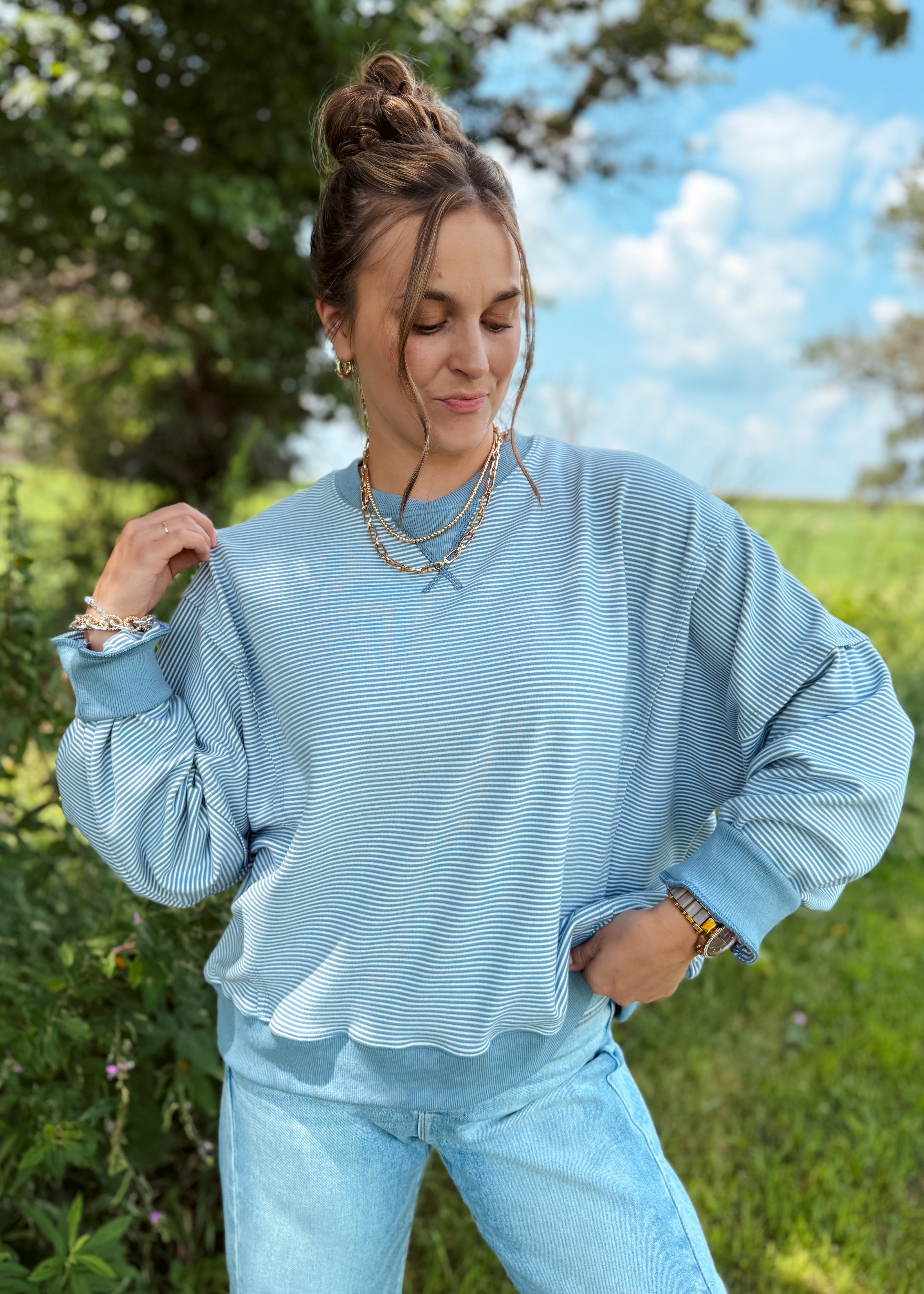 Happiness Trails Boutique - Ivory/blue striped sweatshirt