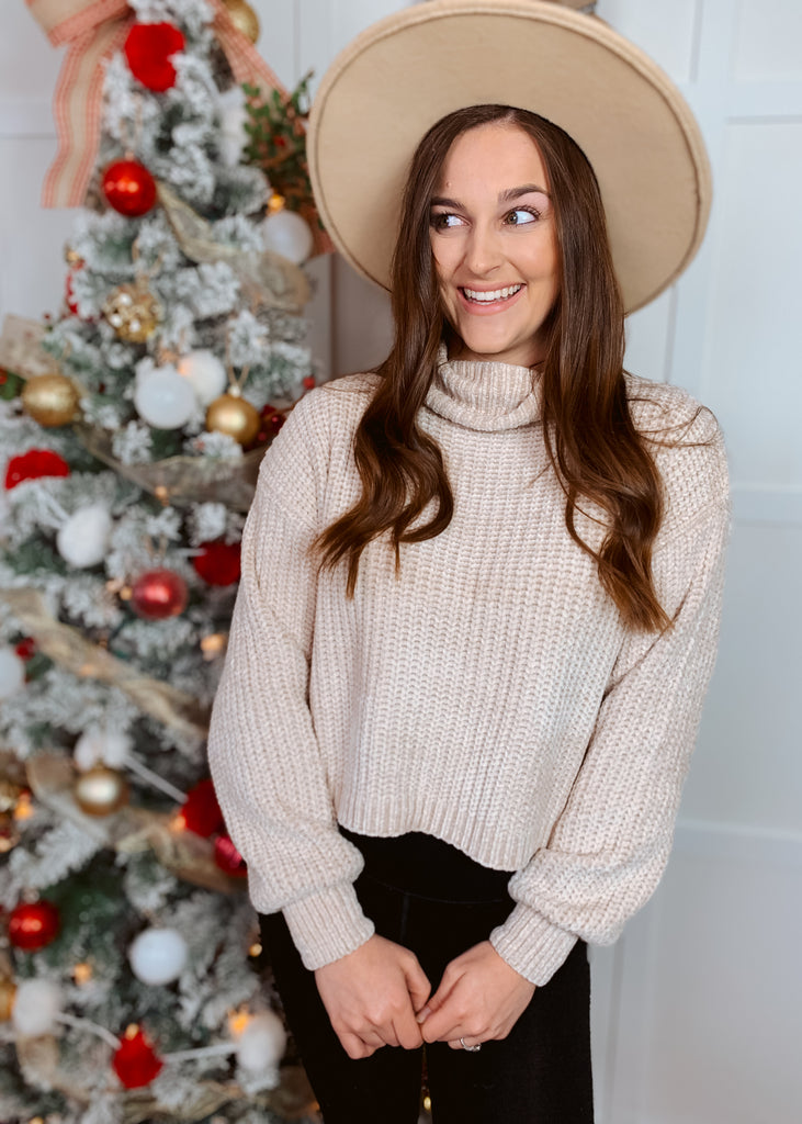 Beige chenille turtleneck sweater