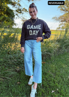 Happiness Trails Boutique - reversible Game Day sweatshirt! Featuring “Game Day” printed on one side and “Sunday Funday” on the reverse, this dark gray sweatshirt