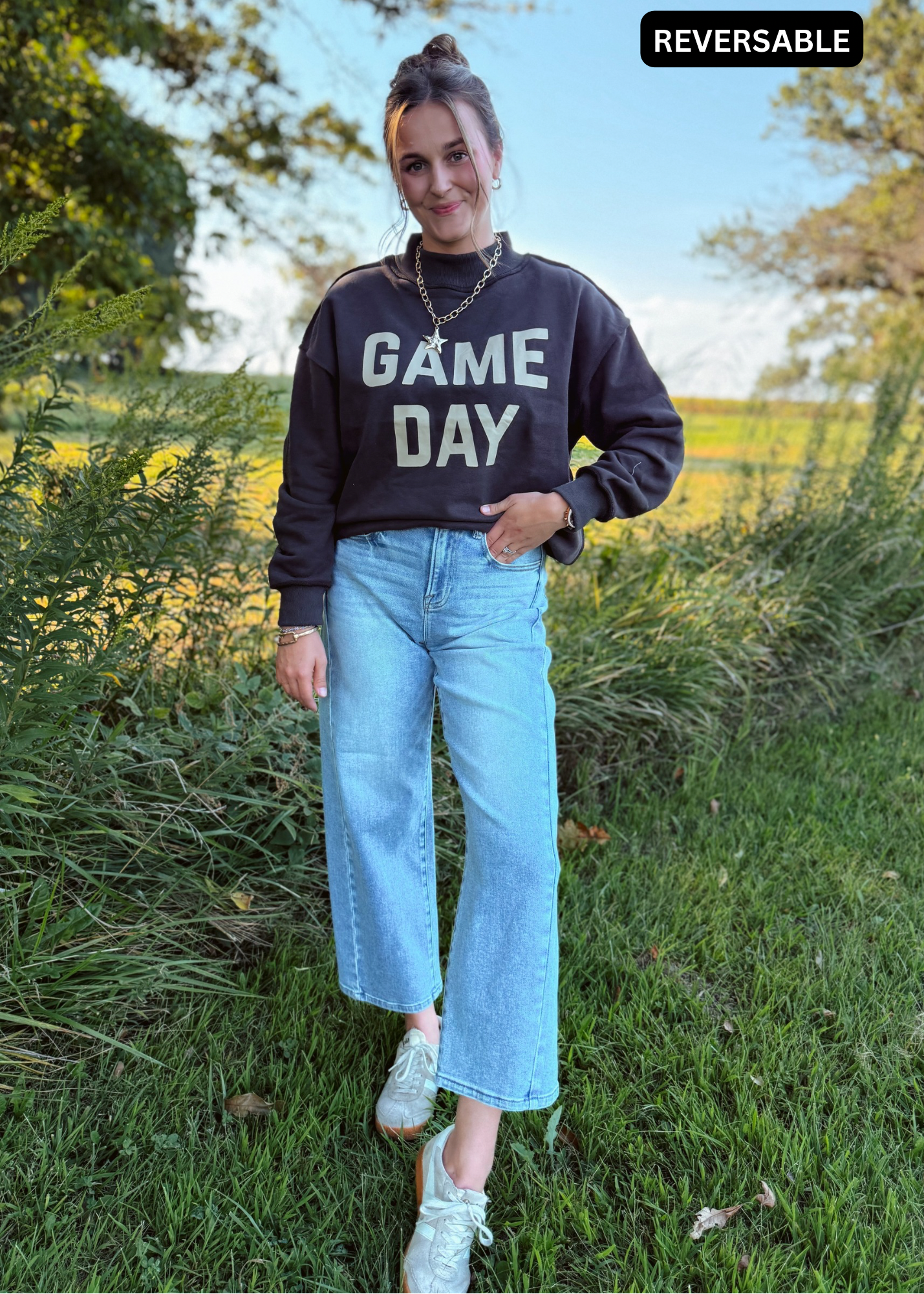 Happiness Trails Boutique - reversible Game Day sweatshirt! Featuring “Game Day” printed on one side and “Sunday Funday” on the reverse, this dark gray sweatshirt