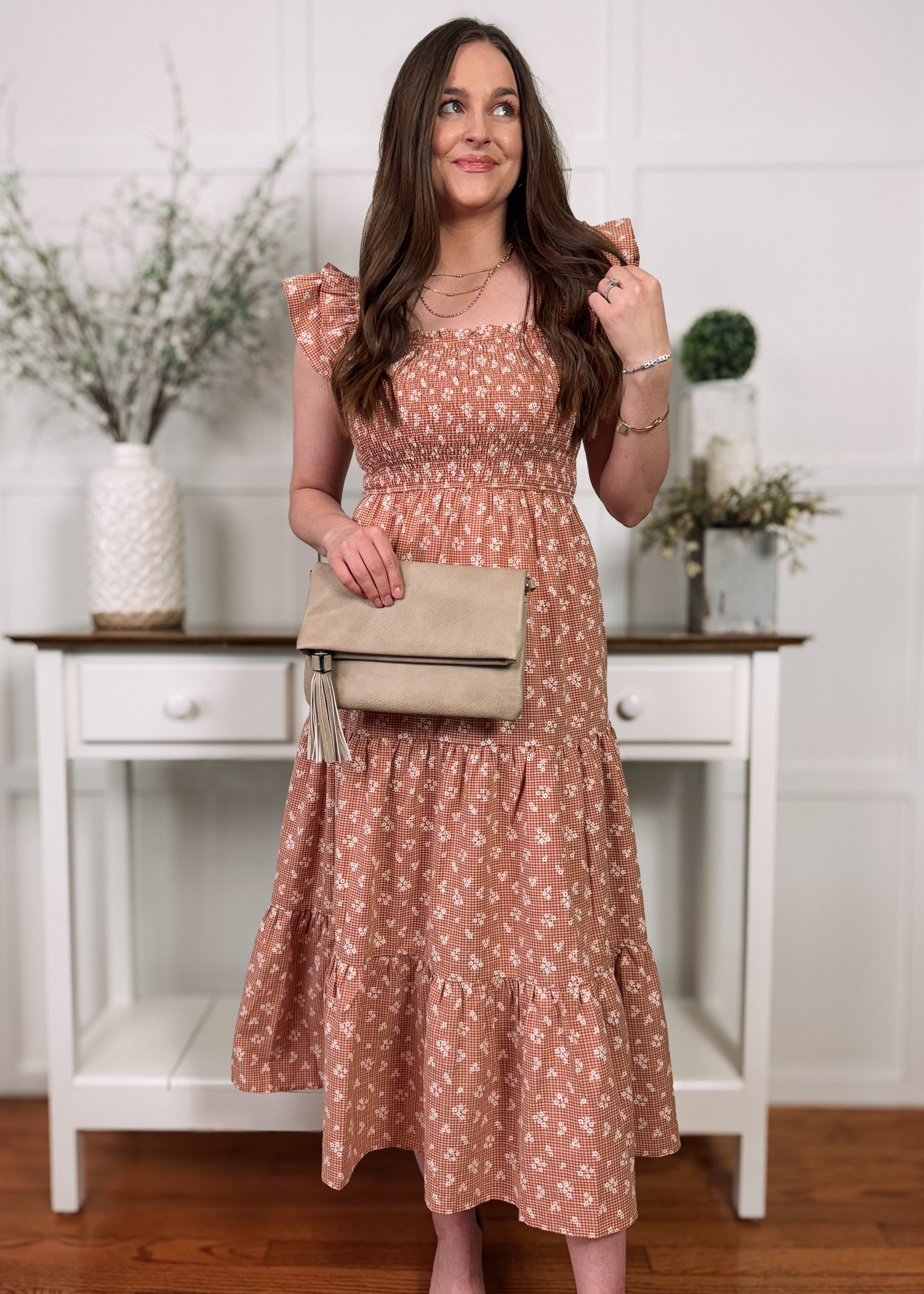 Happiness Trails Boutique - Rust/Natural floral midi dress