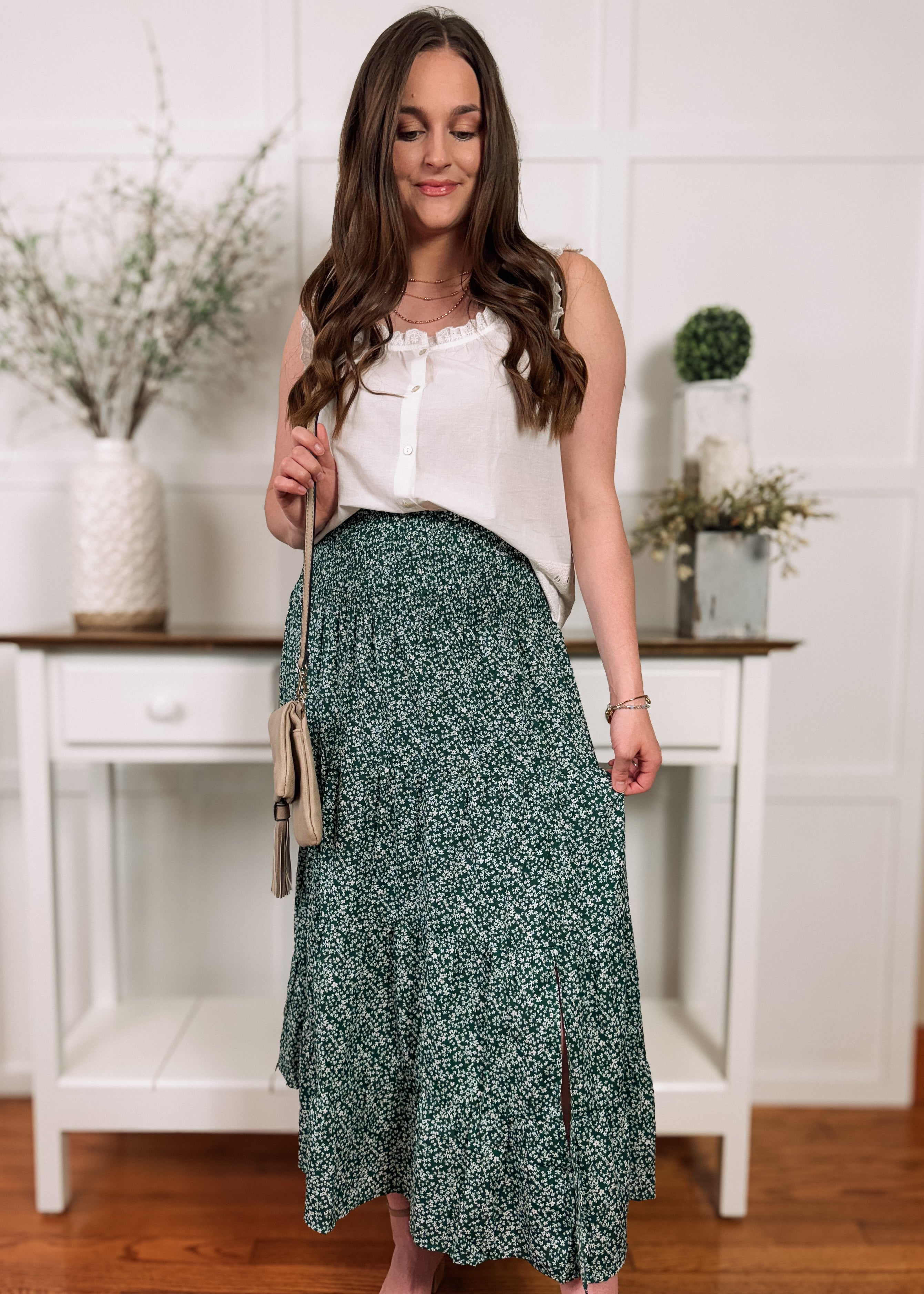 Happiness Trails Boutique - Green midi skirt with white floral