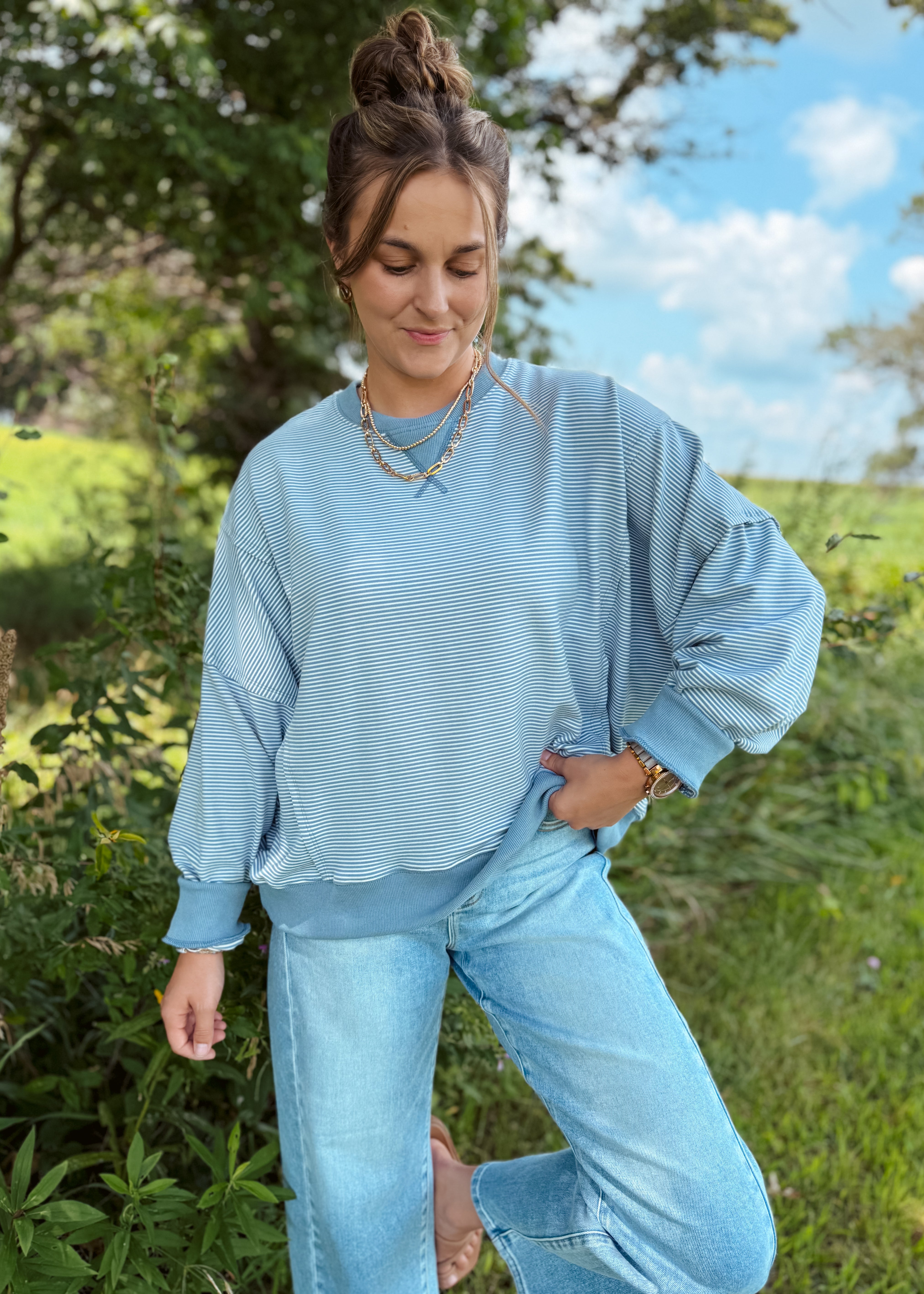 Happiness Trails Boutique - Ivory/blue striped sweatshirt