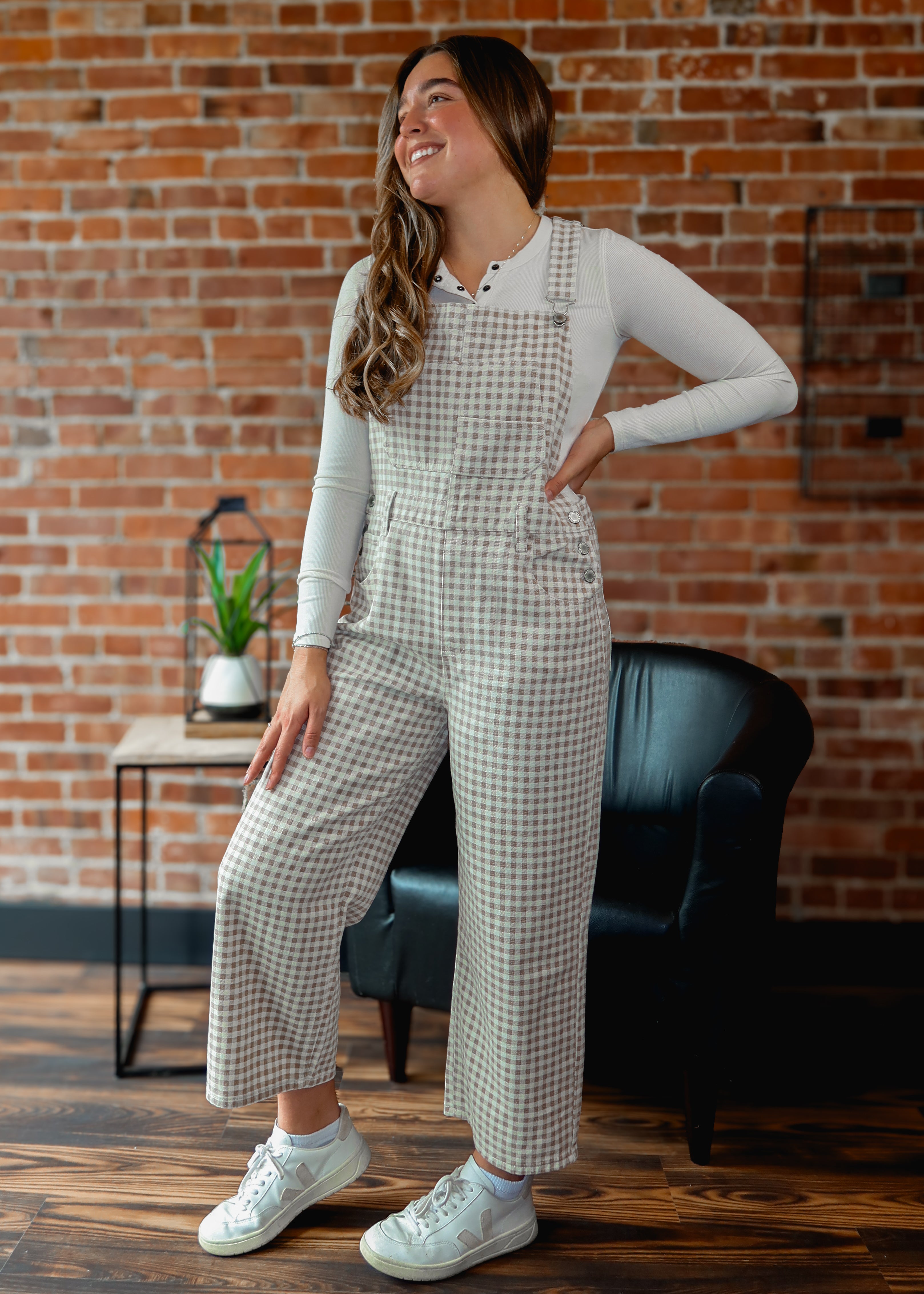 Happiness Trails Boutique - Cream/Taupe gingham denim overalls