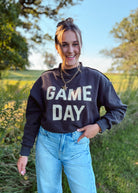 Happiness Trails Boutique - reversible Game Day sweatshirt! Featuring “Game Day” printed on one side and “Sunday Funday” on the reverse, this dark gray sweatshirt