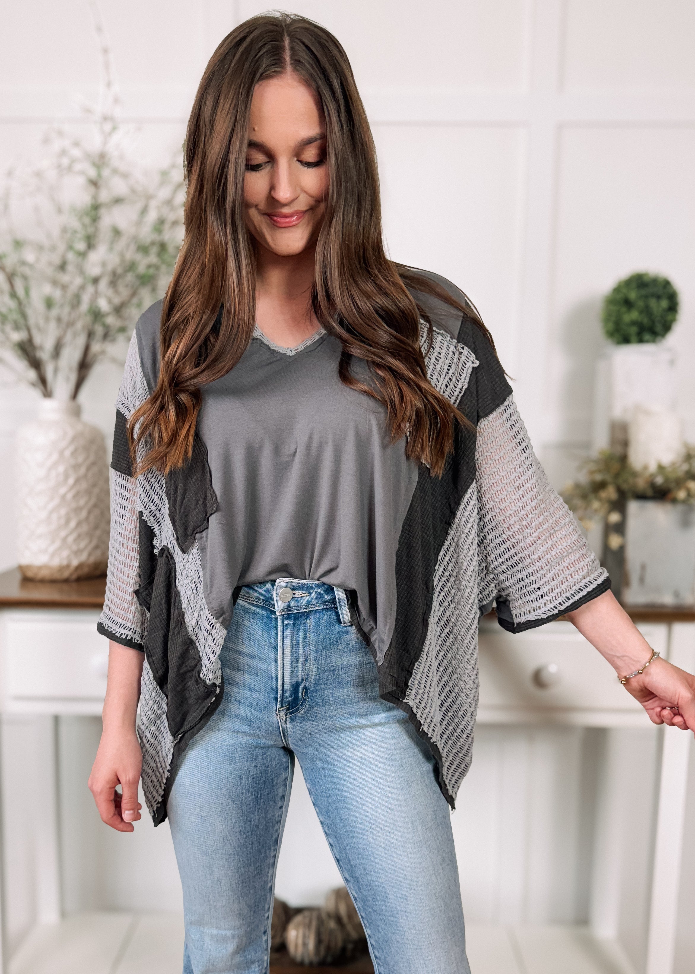 Happiness Trails Boutique - Charcoal mixed fabric knit long sleeve top