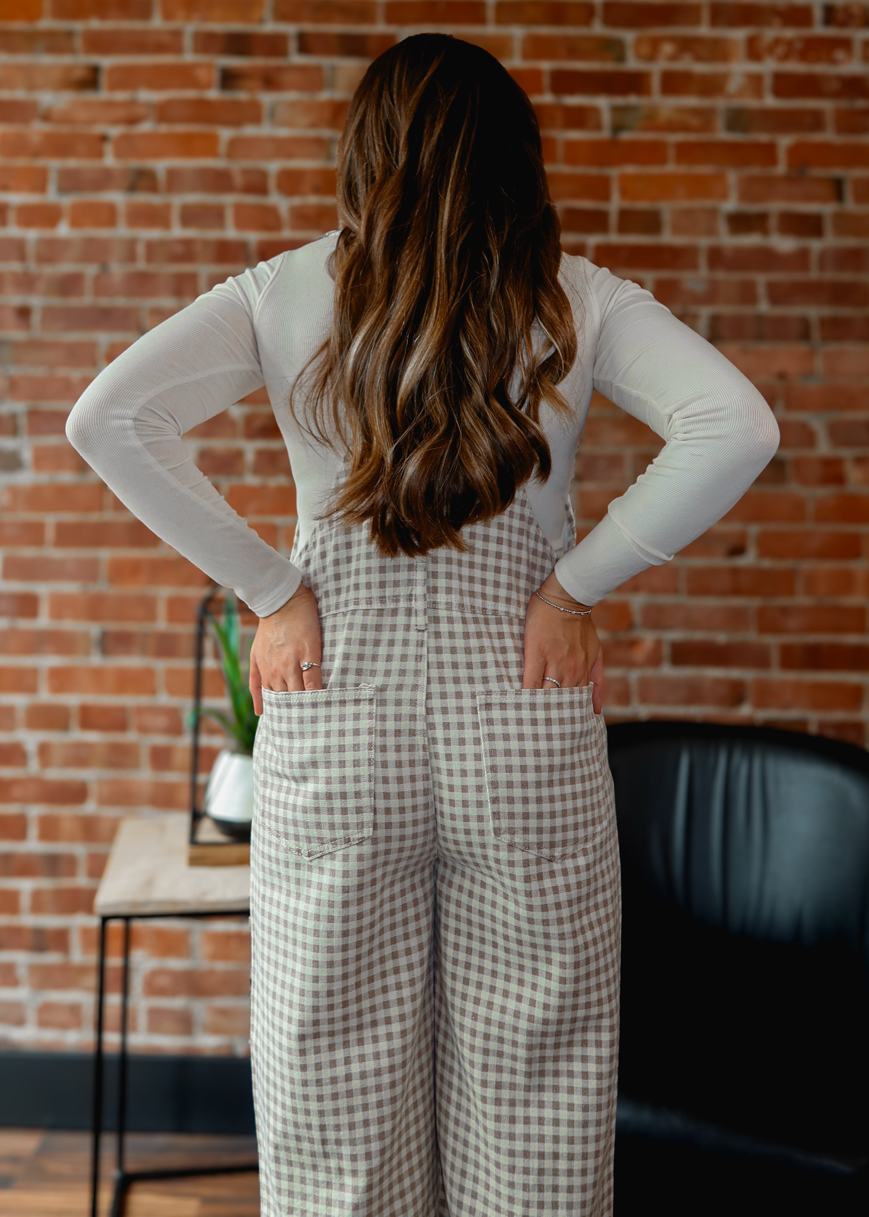 Happiness Trails Boutique - Cream/Taupe gingham denim overalls