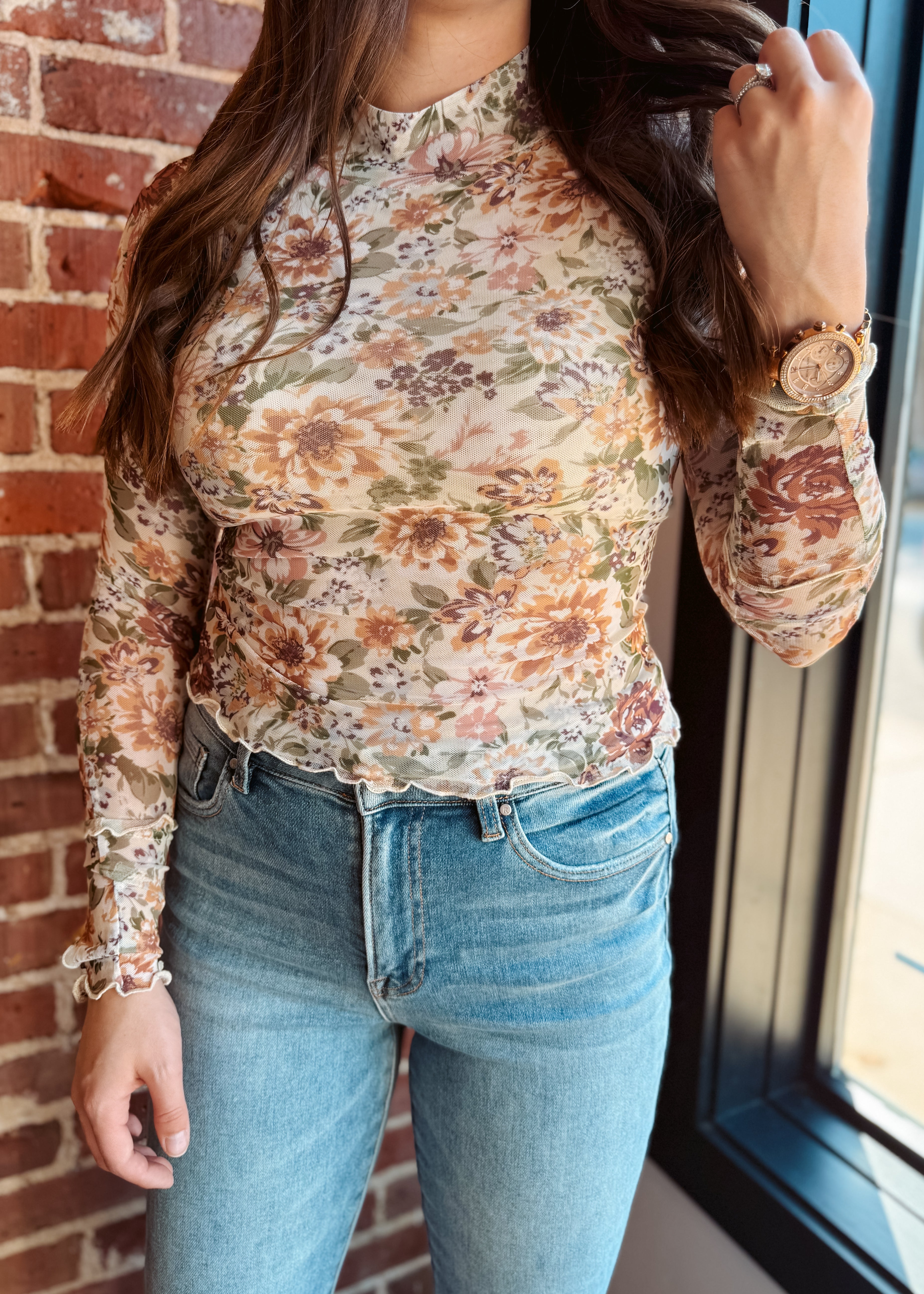 Happiness Trails Boutique - Cream floral mesh long sleeve top