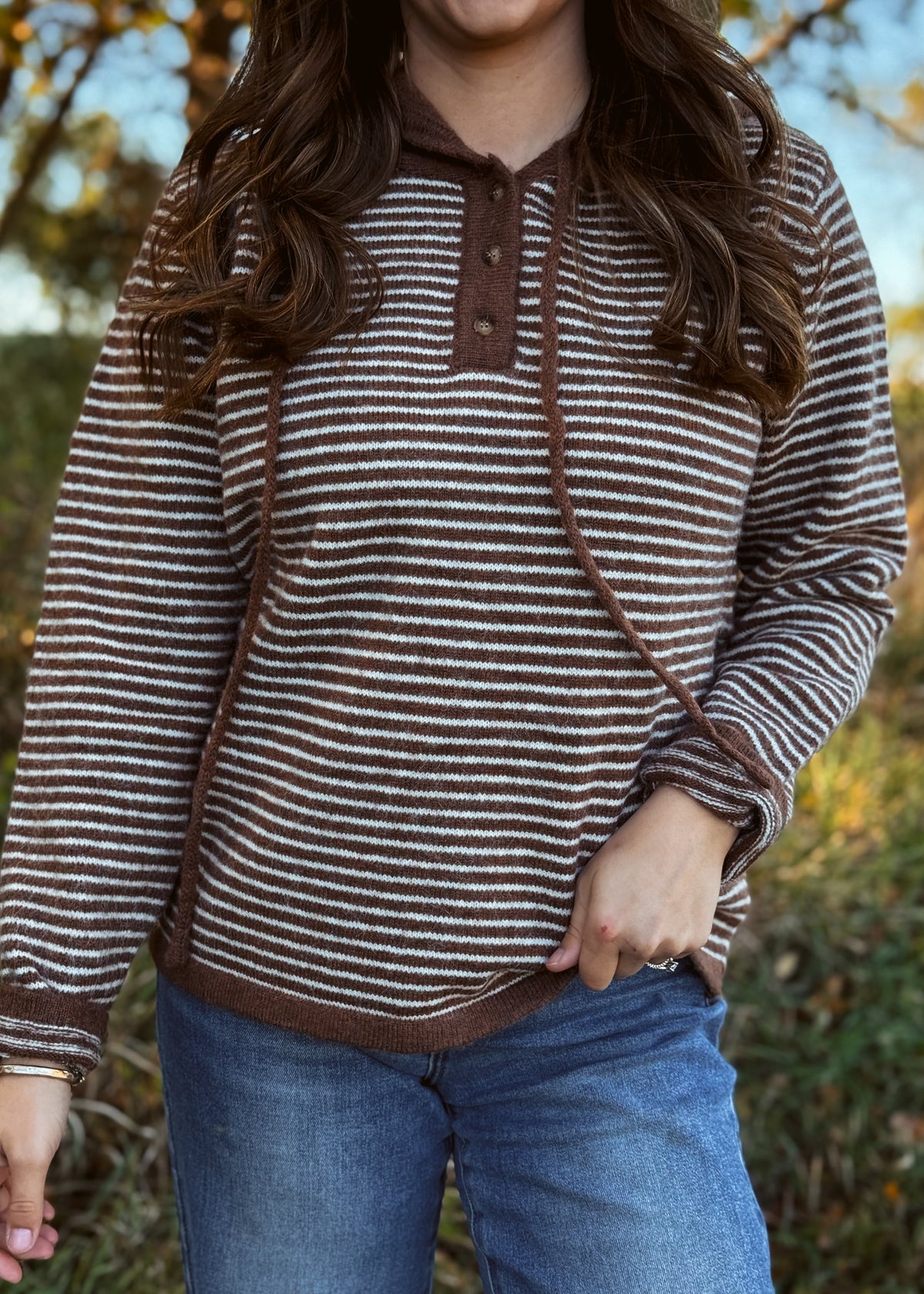 Happiness Trails Boutique - Mocha and cream striped hooded sweater