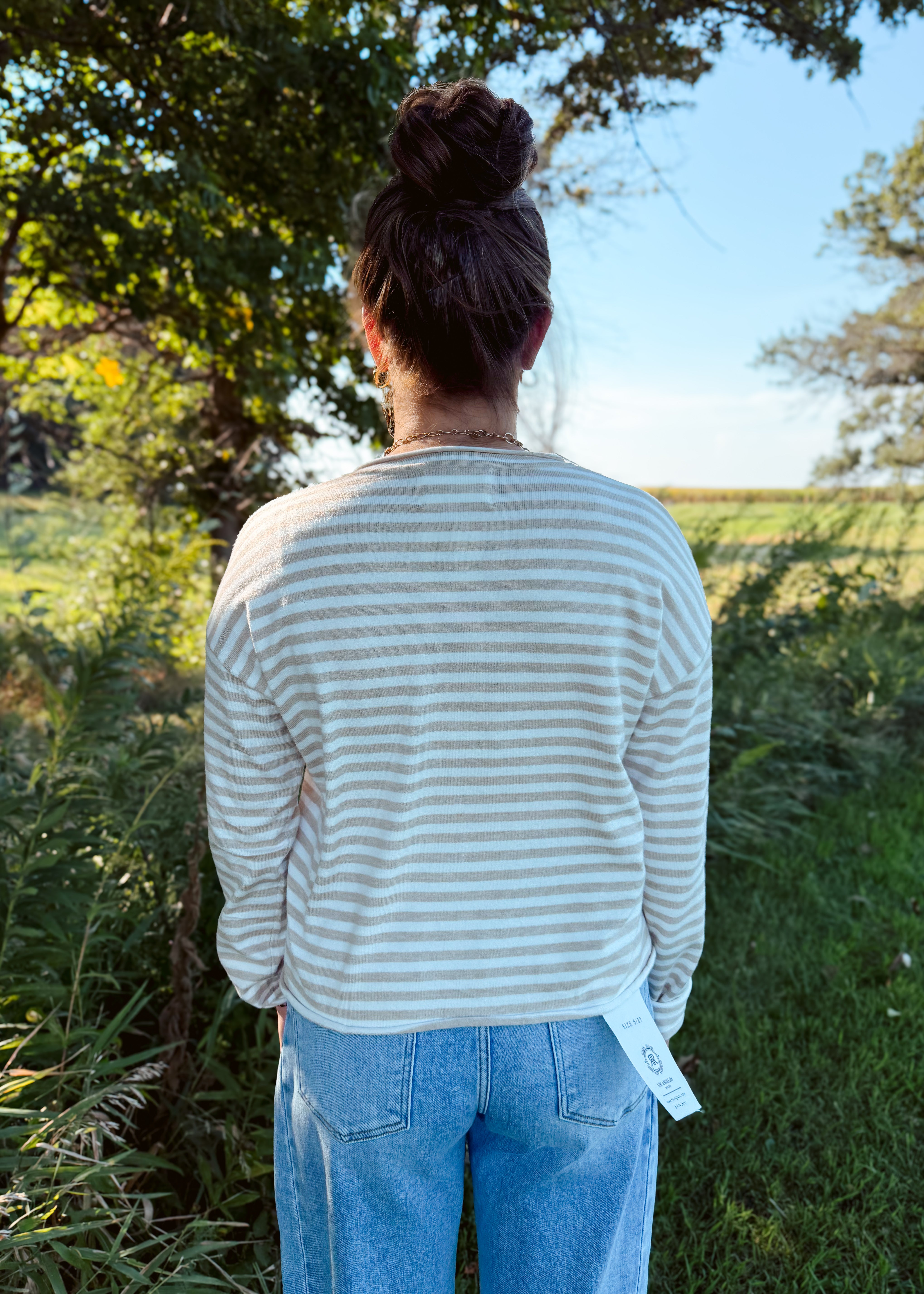 Happiness Trails Boutique - Beige cardigan top with off white stripes