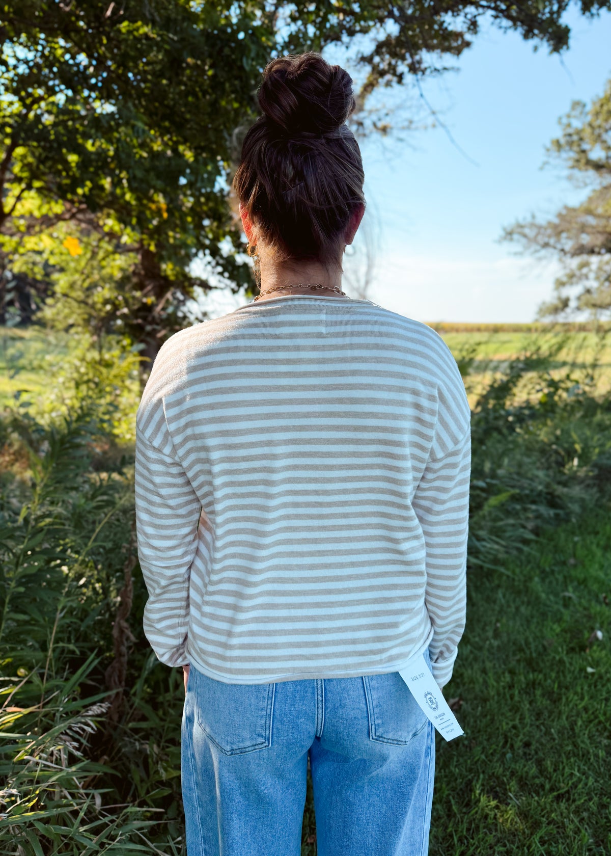 Happiness Trails Boutique - Beige cardigan top with off white stripes