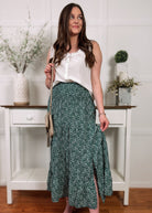 Happiness Trails Boutique - Green midi skirt with white floral