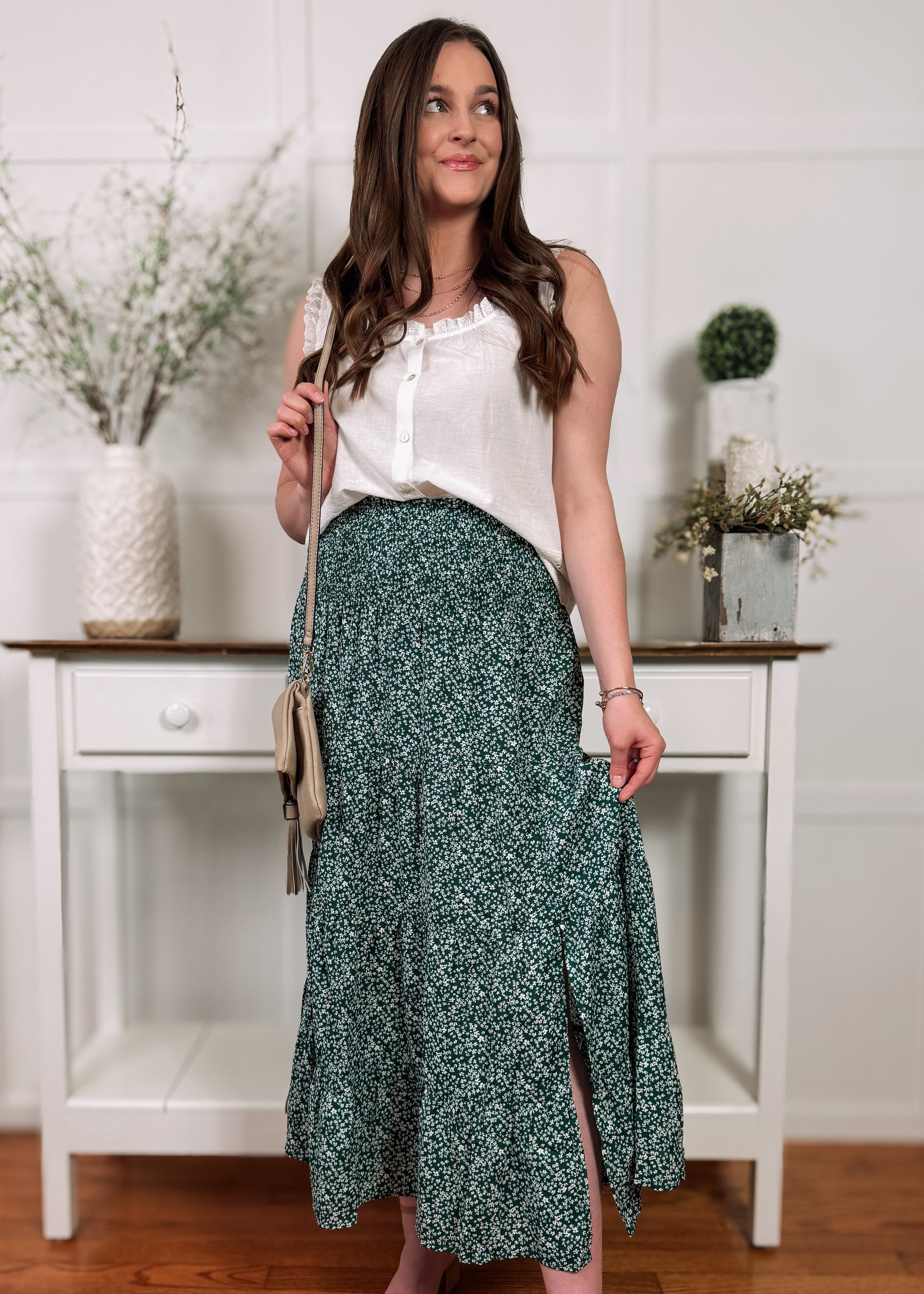 Happiness Trails Boutique - Green midi skirt with white floral