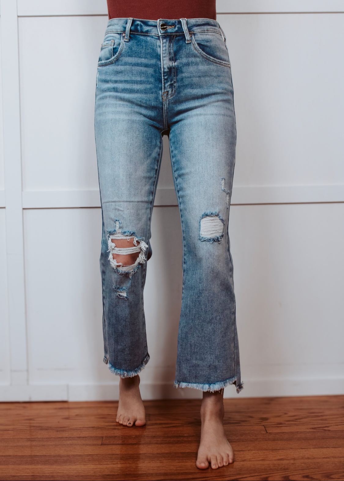Happiness Trails Boutique - Risen jeans high rise cropped light denim with distressing