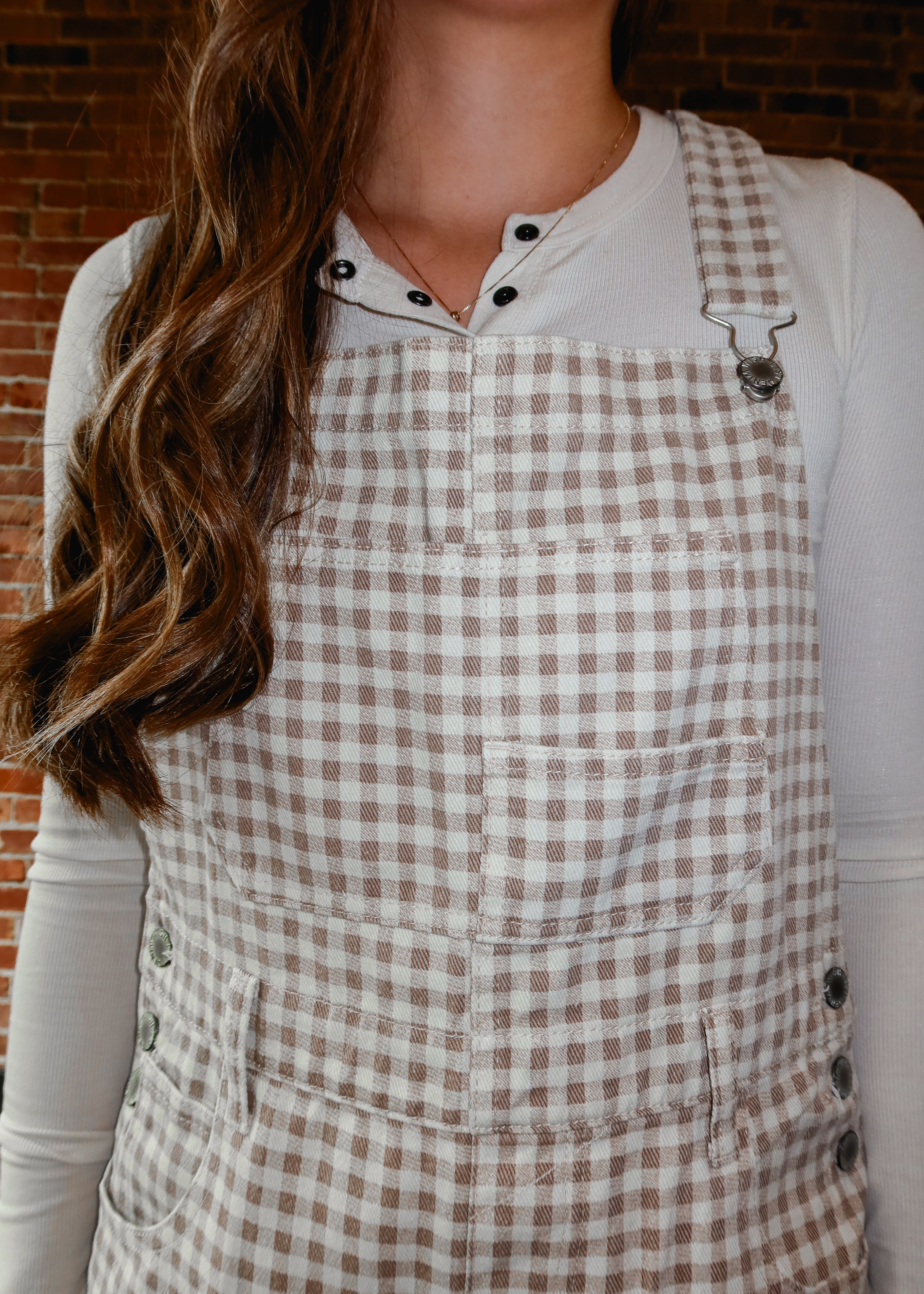 Happiness Trails Boutique - Cream/Taupe gingham denim overalls