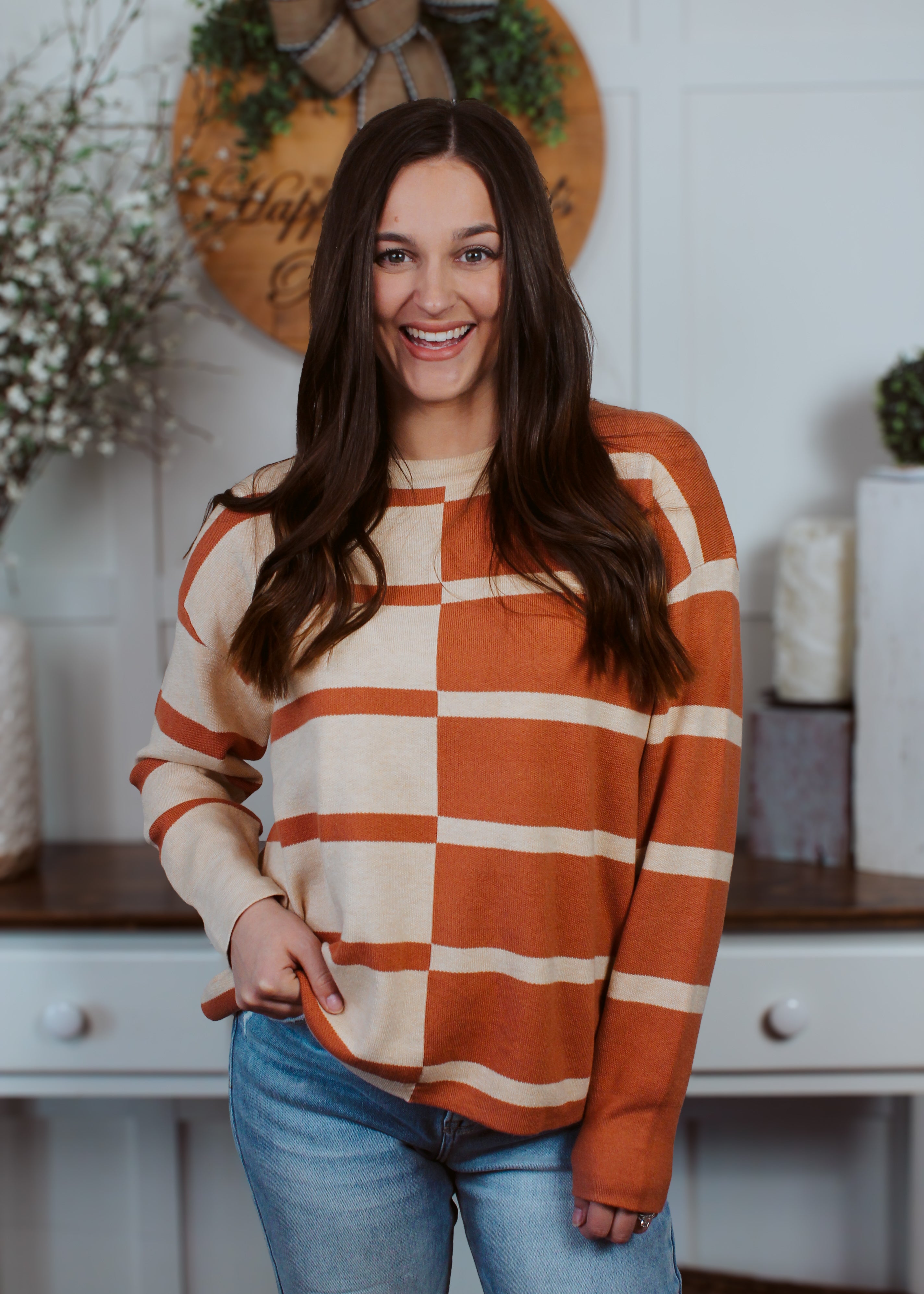 Happiness Trails Boutique - Terracotta striped color block sweater