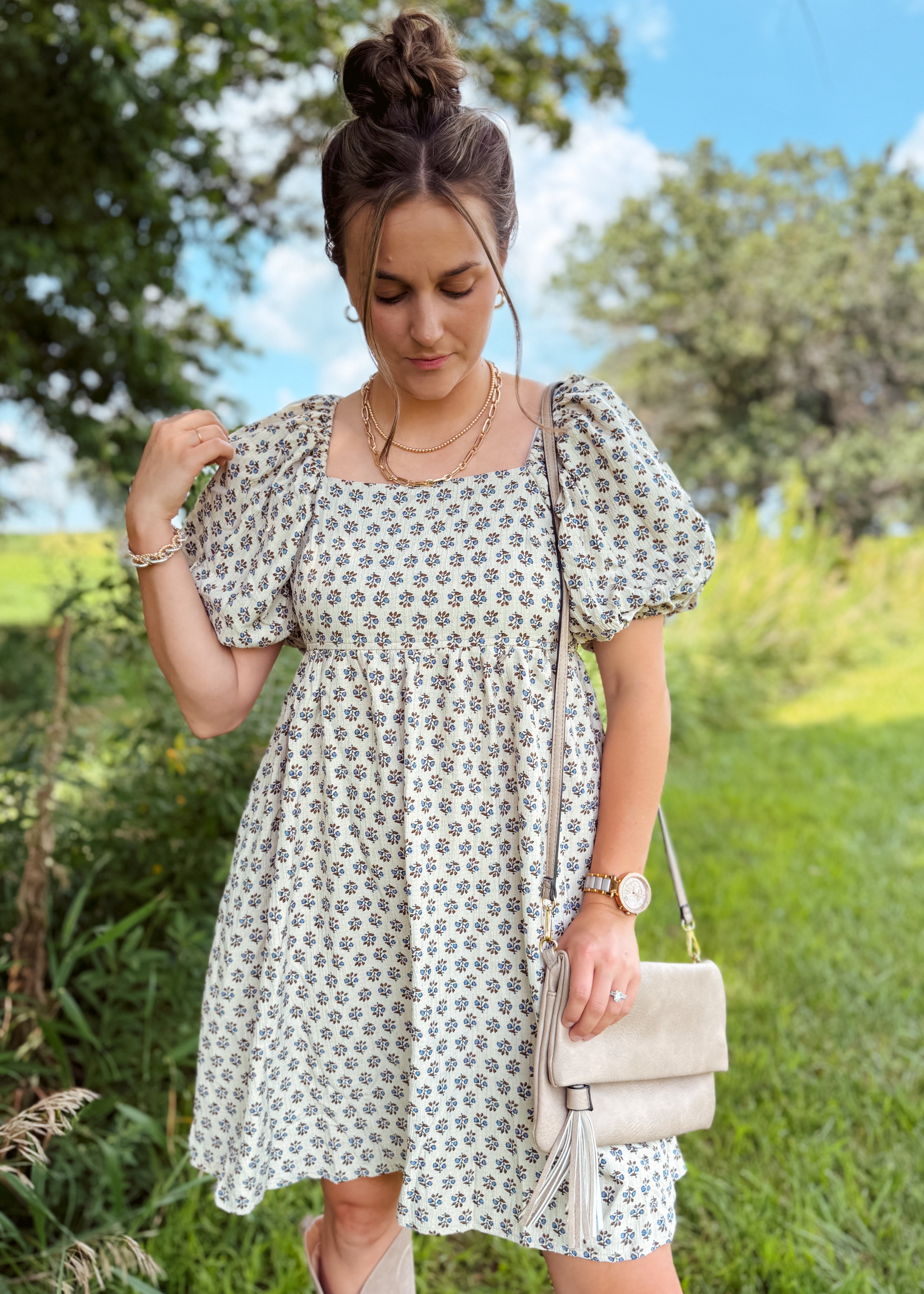 Happiness Trails Boutique - A soft neutral oatmeal tone beautifully complemented by blue floral accents dress