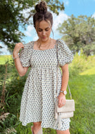 Happiness Trails Boutique - A soft neutral oatmeal tone beautifully complemented by blue floral accents dress