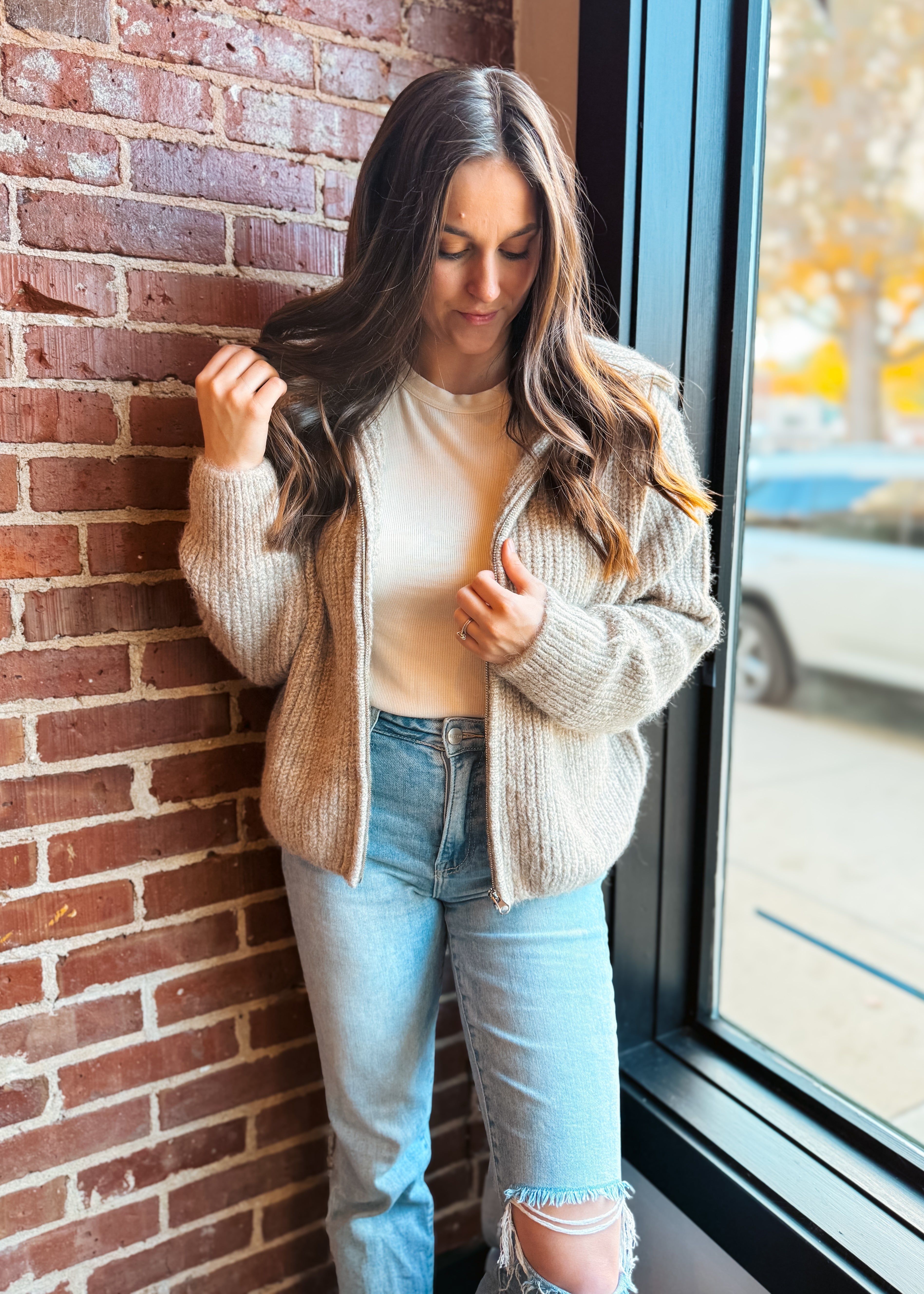 Happiness Trails Boutique - Heather beige zip knit sweater